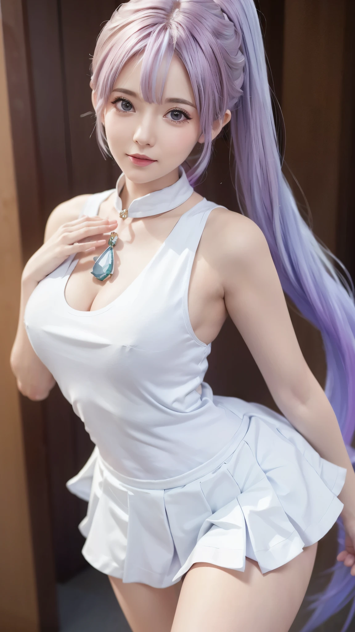 Close-up of a woman wearing a pink vest and skirt, pale milky porcelain skin, fair skin, skin smooth and translucent, anime manga girl, beautiful anime woman, surreal sweetness, white color hair , high ponytail colorful eyes, pale porcelain white skin, smooth and realistic perfect body, anime manga girl, realistic shadow perfect body, Guwitz masterpiece