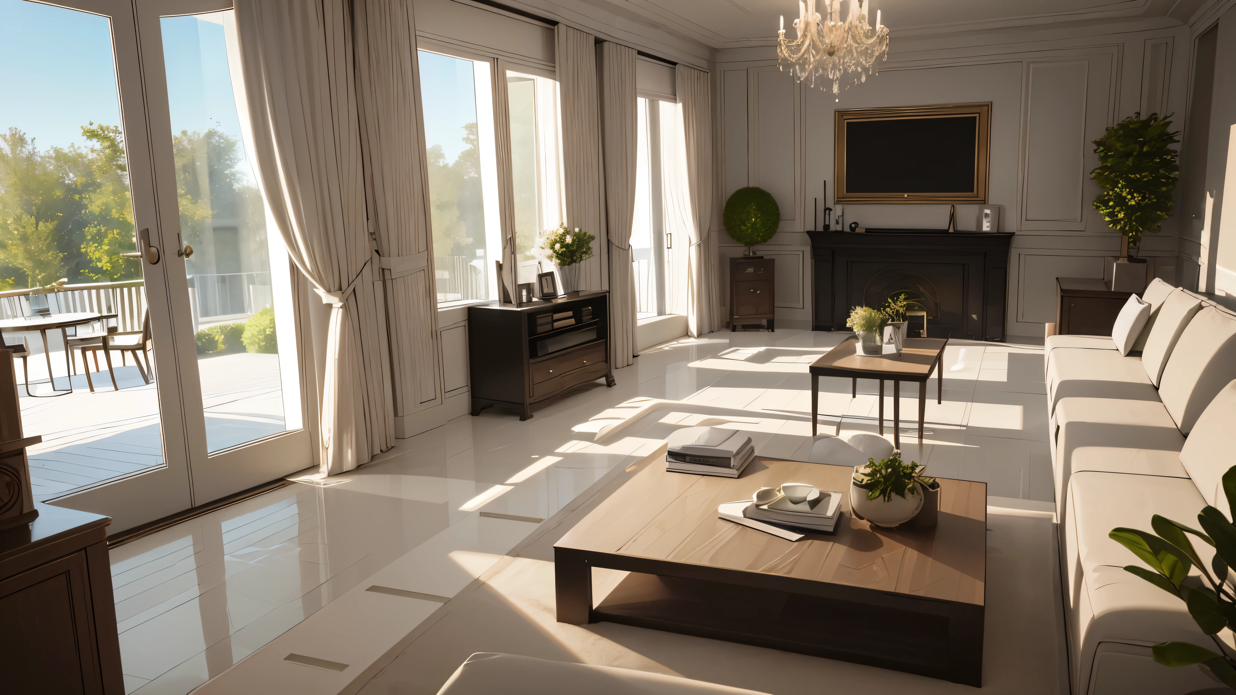 You are a famous interior designer、You have been asked to create a 3D image of a modern large room. Create a harmonious environment with modern and minimalist furniture. Including garden interior.