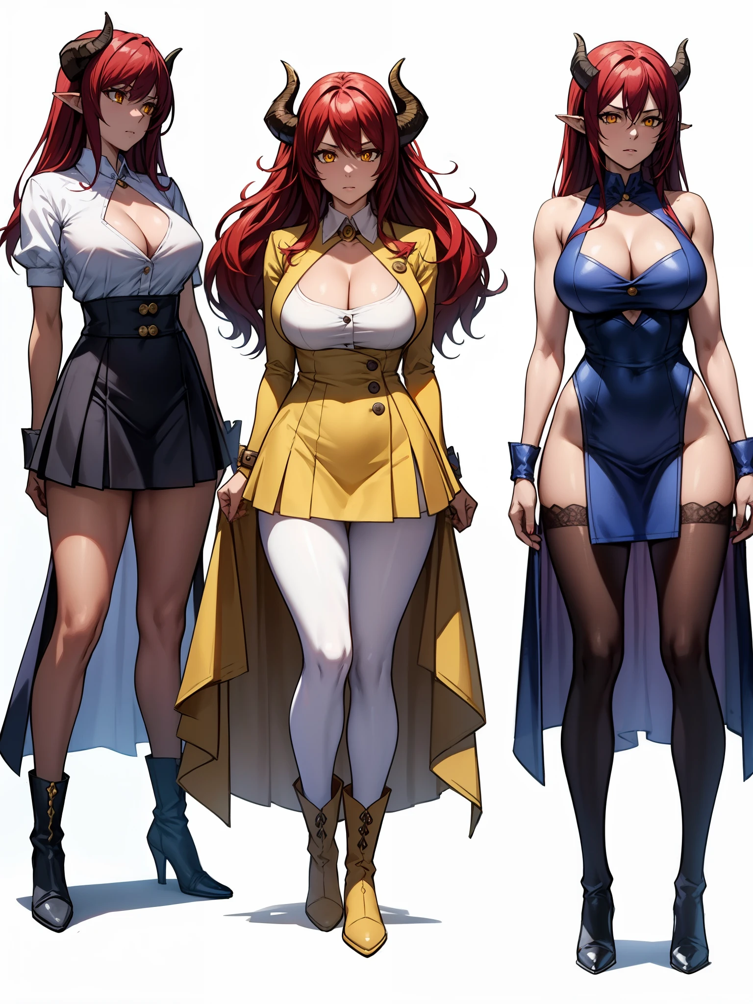 dragon woman, with big horns, scales, giant breasts, long shapely and muscular legs, long red hair, yellow eyes, white pantyhose, high boots, mini skirt, button blouse and cleavage, 8k, hd, masterpiece, white background, full body, character sketch in various perspectives, bring, frontal, 3/4, profile