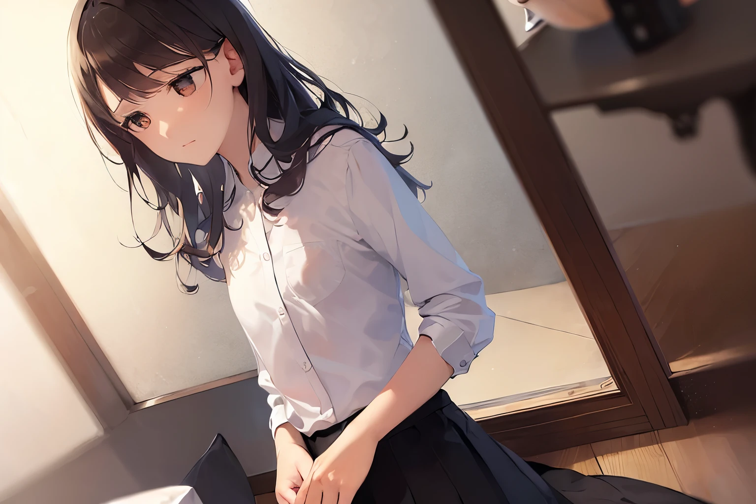 (looking away:1.5), (slim body:1.5), (small breasts:1.5), dutch angle、Realistic, real person, RAW photo, photorealistic, portrait photography, shiny skin, japanese idol, 25 year old woman、messy hair, (medium hair) and (brown hair) and (brown eyes), wearing a white shirt、wearing a gray skirt、Expressionless, The background is a conference room、Alone、Looking at the floor