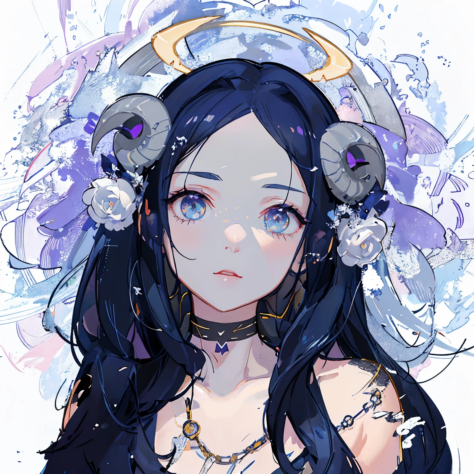 Drawing of a girl with blue hair and angel wings, ☁🌪🌙👩🏾, No profile picture, ✨🕌🌙, unknown constellation, horned ram goddess, goddess in heaven, wearing angel halo, Avatar picture, Not PFP, Moon themed clothing, halo on her head, Hecate, Hecate goddess, as a tarot card, Lofi art style