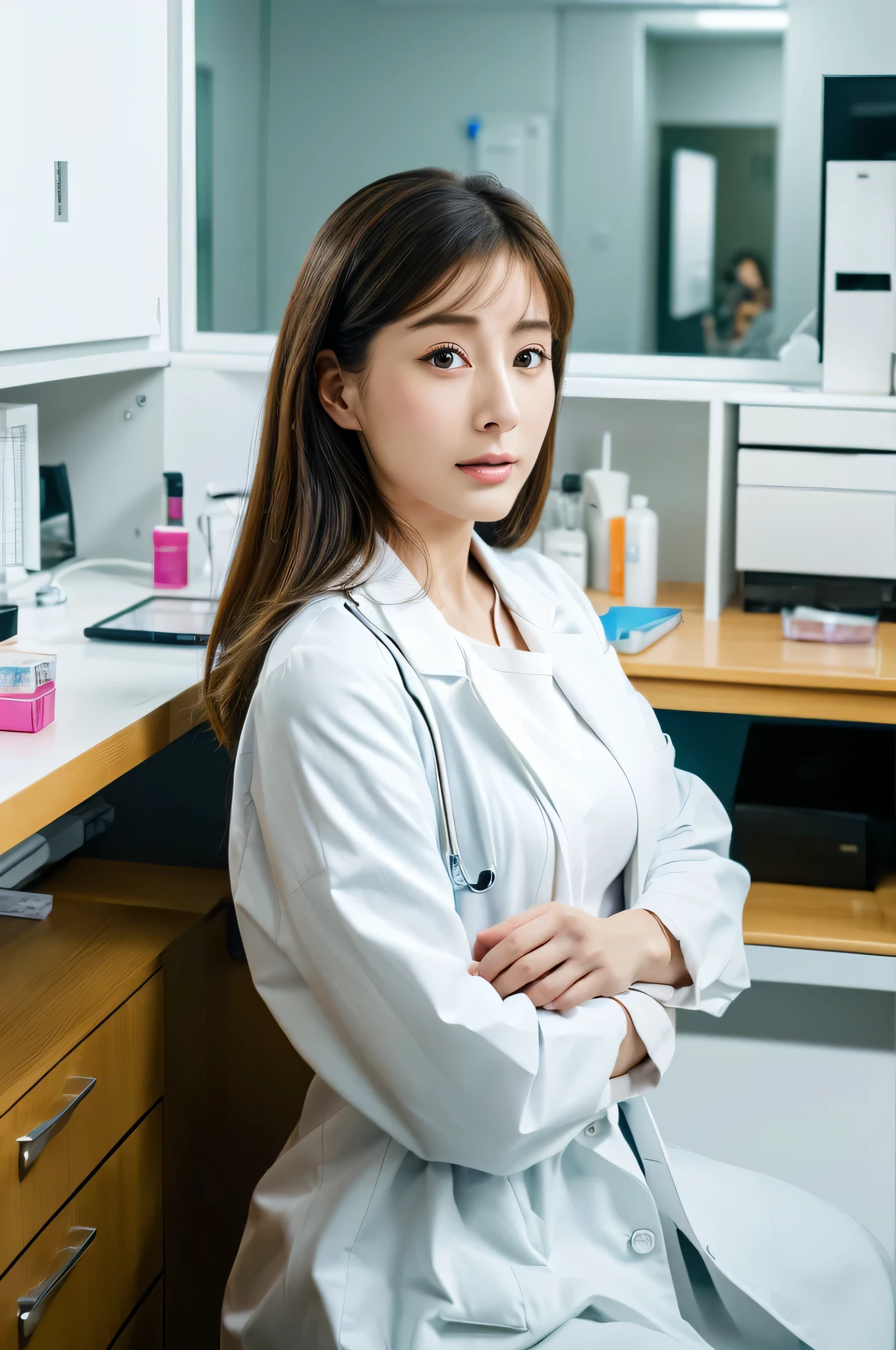 (RAW photo),(highest quality),( (masterpiece:1.5)),(Super detailed),(ultra high resolution,),( (realistic, photo realistic:1.5)),(very detailed, 8k wallpaper),(very detailed beautiful woman in her 30s),(very detailed face, very),(Take beautiful full body photos),(fine eyes, very detailed skin),(very detailed fingers),(very detailed nose),(She is a nurse at a beauty clinic).(wearing a white coat),(she is sitting at a white office desk),(She stares straight ahead、please look serious.)、(Wearing a doctor's lab coat)、(The background is a clean and tidy examination room with white walls in a hospital...)