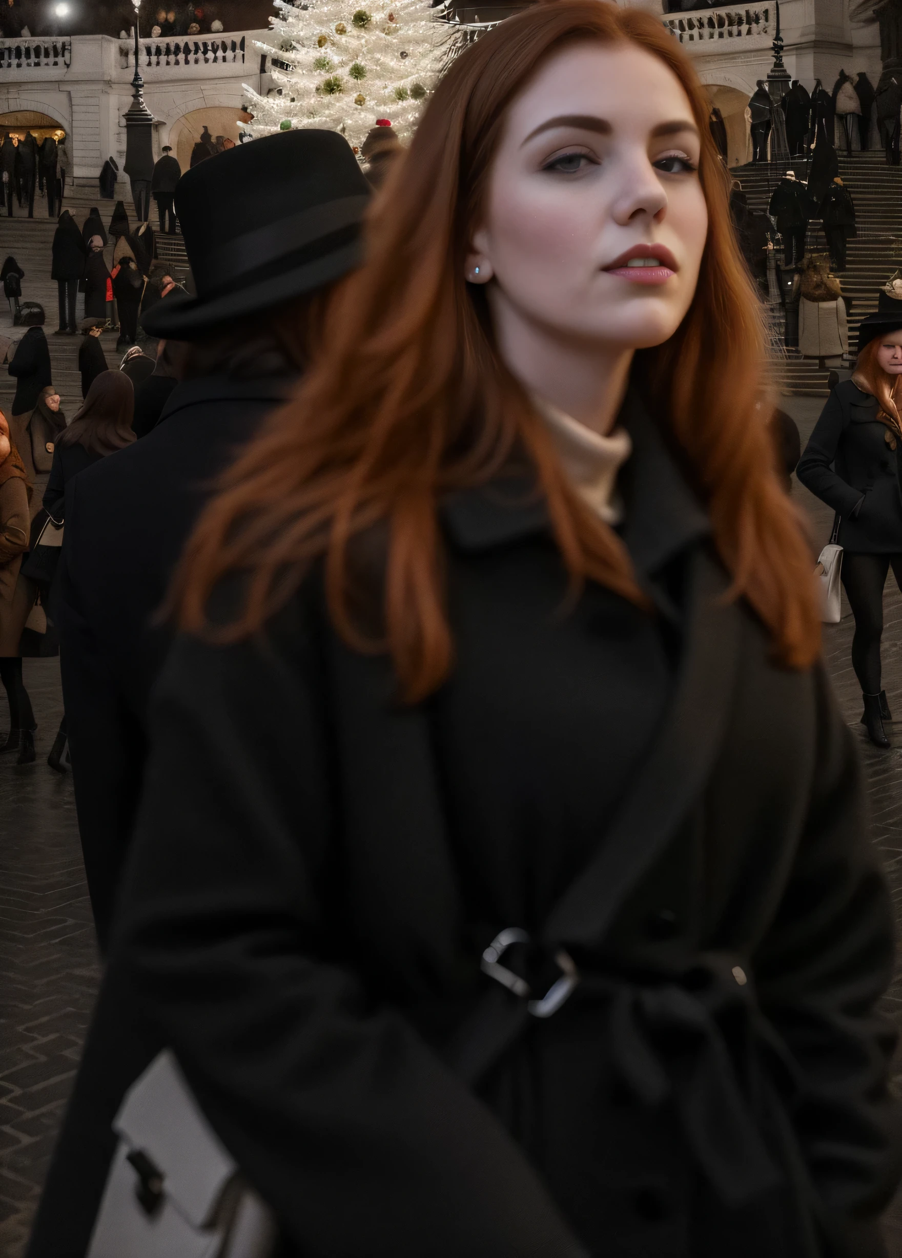 there is a woman that is standing in front of a christmas tree, ominous figure in the background, person in foreground, tourists in background, young redhead girl i black stetson and coat, obscured underexposed view, people in the streets, by Joseph Pisani, by Géza Dósa
