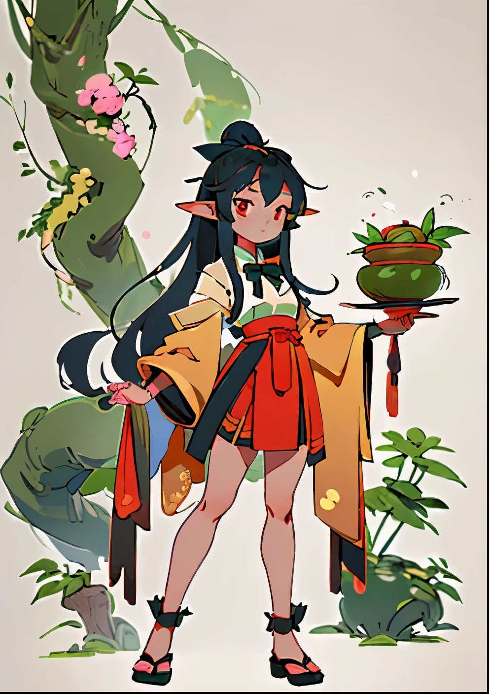 (masterpiece, best quality), 1 girl, intricate details,leaf, long black hair，looking at the audience, Elf,whole body，Picture，decorate，oc，Lychee elements，China，Ancient costume，skirt，bow tie，Golden pupils，standing posture，clear，8k，high resolution，Detailed background，particle，high quality，girl，author：Mai Yoneyama，anime illustration，pixiv style