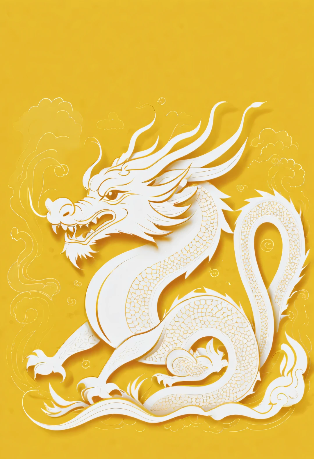 Sketch style, Minimalist white negative space on yellow background, Whimsical and cute, Chinese dragon, flat, vector, clip art, Greg Staples style, Opat,--s 200 --ar 9:16 -- Chaos 15 -- Version 5.2 