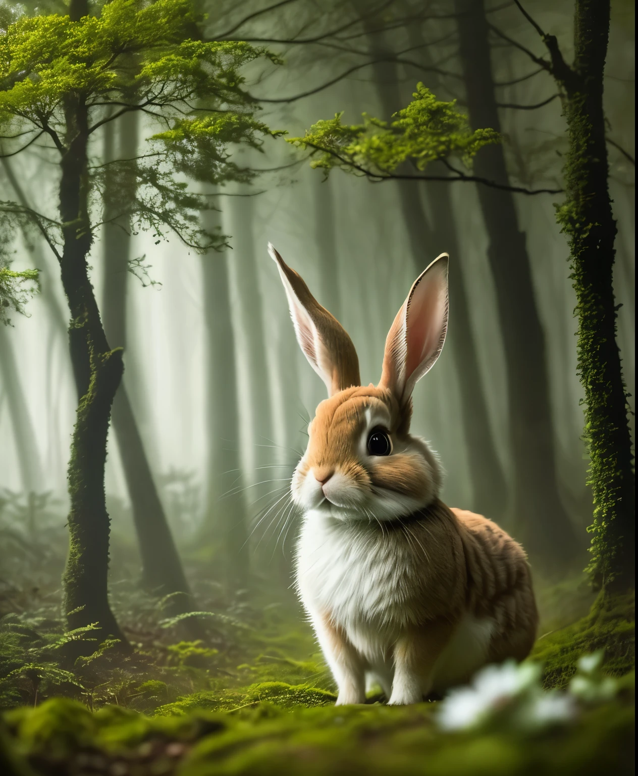 Close-up photo of rabbit in magical forest,  in the forest,  , volumetric fog, Hello, bloom, dramatic atmosphere, center, Rule of thirds, 200mm 1.4f macro photography