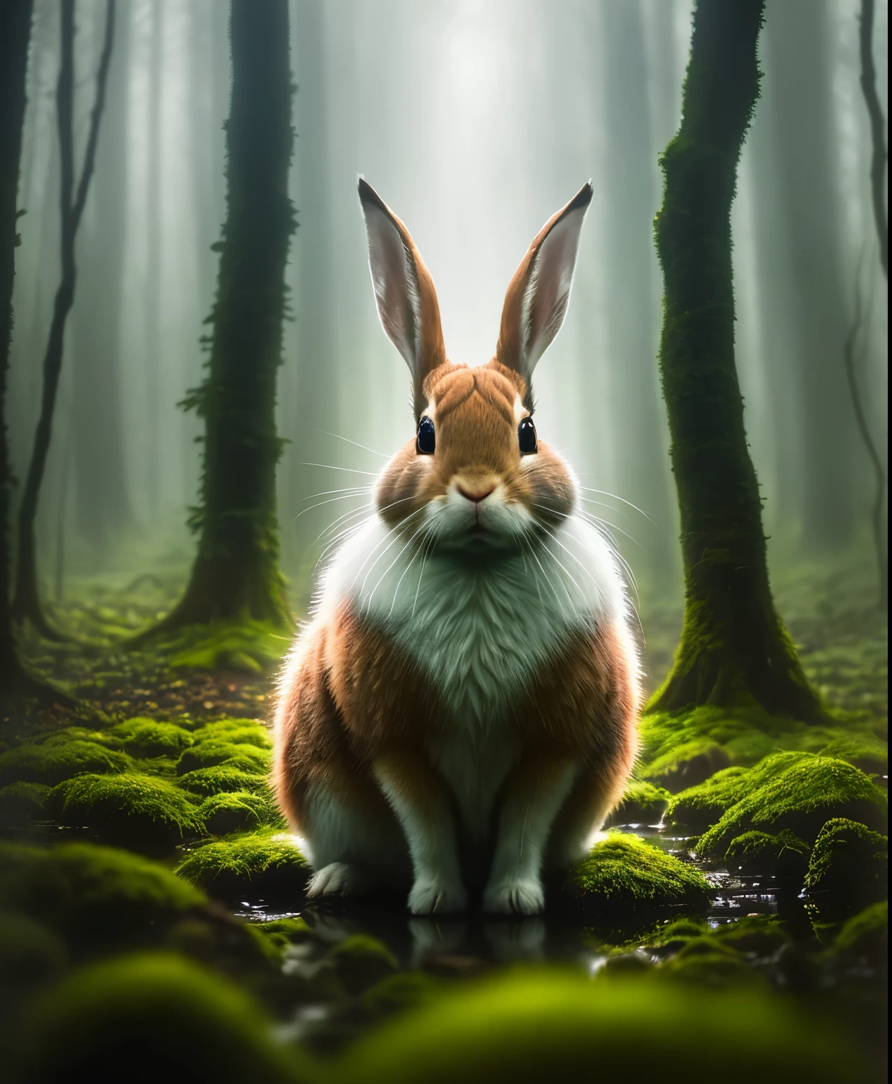 Close-up photo of rabbit in magical forest, in the forest, , volumetric fog, Hello, bloom, dramatic atmosphere, center, Rule of thirds, 200mm 1.4f macro photography