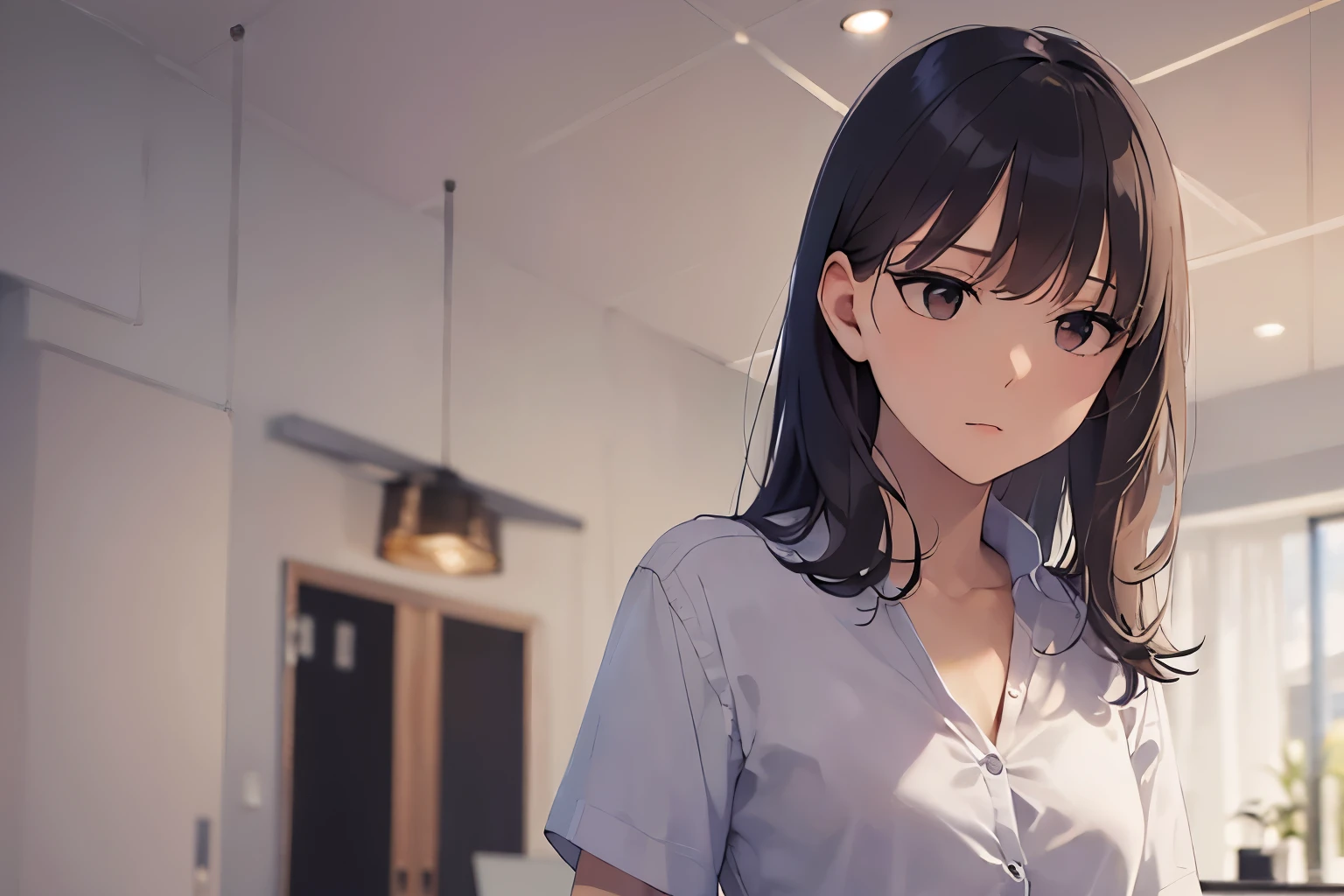 (looking away:1.5), (slim body:1.5), (small breasts:1.5), dutch angle、Realistic, real person, RAW photo, photorealistic, portrait photography, shiny skin, japanese idol, 25 year old woman、(messy hair:1.3), (medium hair) and (brown hair) and (brown eyes), wearing a white shirt、wearing a gray skirt、Expressionless, The background is a conference room、Alone、Looking at the floor