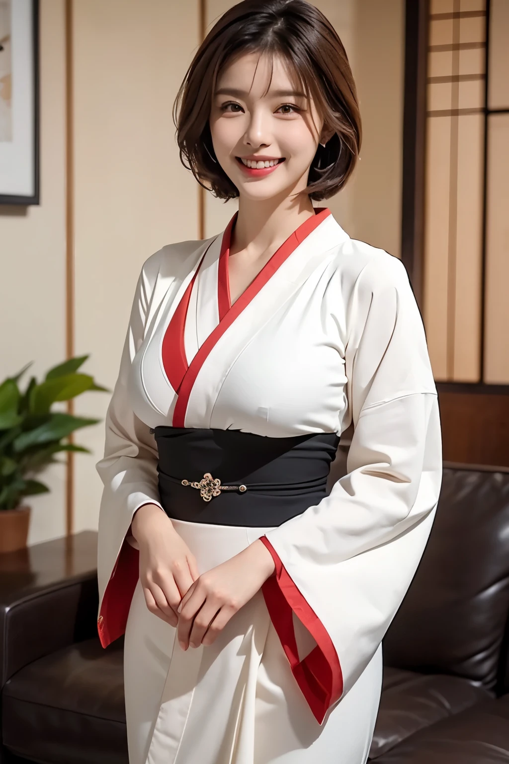 (1 Ultimate Beautiful Mature Woman), hyperdetailed face, Detailed lips, A detailed eye, 二重まぶた, Brunette Bob Hair, (grin), ((Beautiful teeth)), large full breasts,　(((She is wearing a Japanese kimono with delicate decorations.))), ((Cowboy Shot)), perfect bodies, face perfect, Perfect fit, ((depth of fields)), Perfect image realism, (((Background with:Living room of the house)))、詳細なBackground with, detailed costume, Perfect litthing、Hyper-Realism、Photorealsitic、8K maximum resolution, (​masterpiece), ighly detailed, Professional