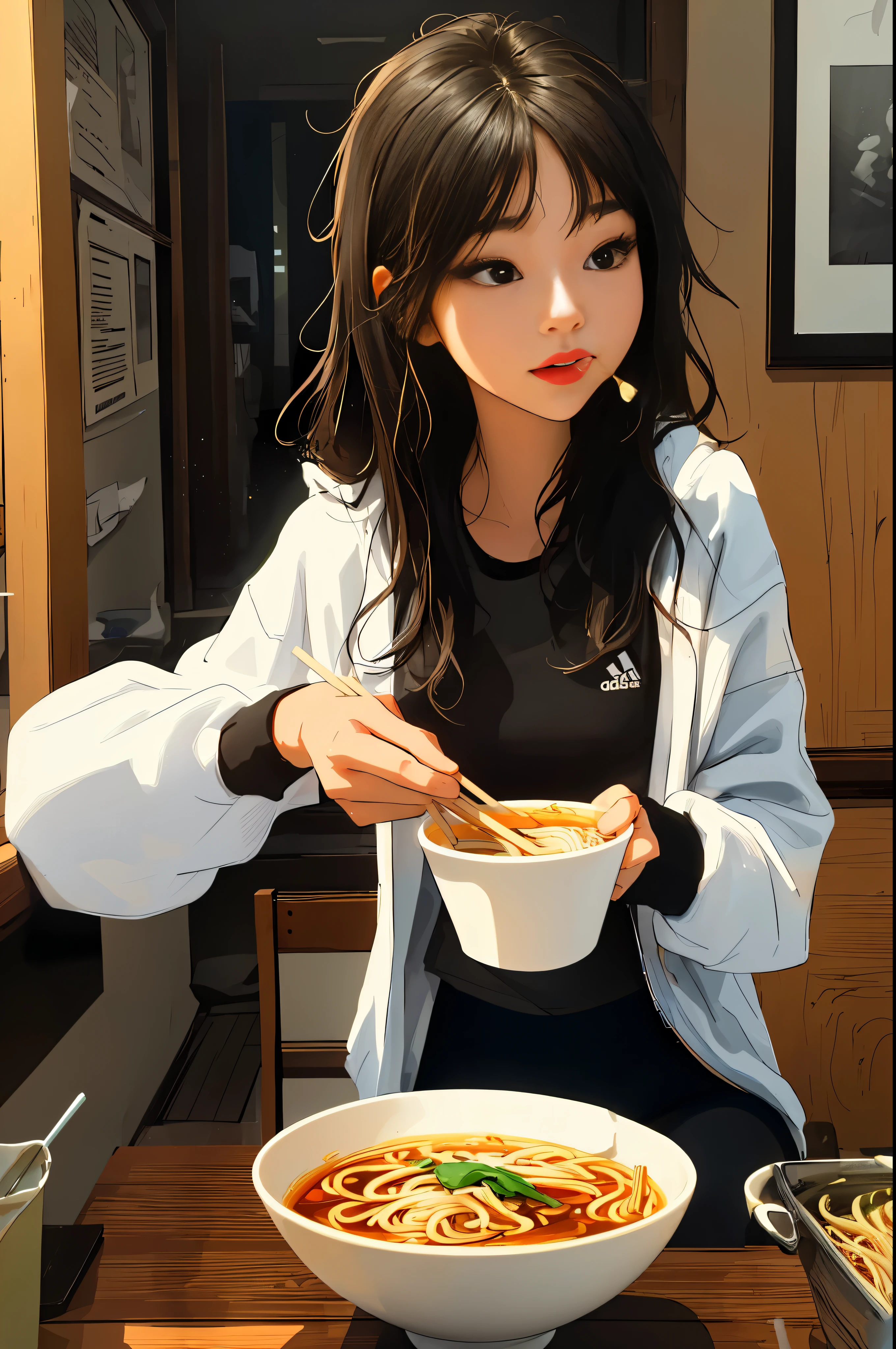 Woman eating a bowl of noodles with chopsticks at a restaurant, 5 fingers to hold noodles correctly,eating noodles, Ilya Kubshinov. 4 thousand, eating ramen, Guweiz style art work, Trending in popularity on cgstation, Korean woman, digital art Ilya Kubshinov, ross transstyle, artgerm and Ilya Kubshinov, fascinating anime girl