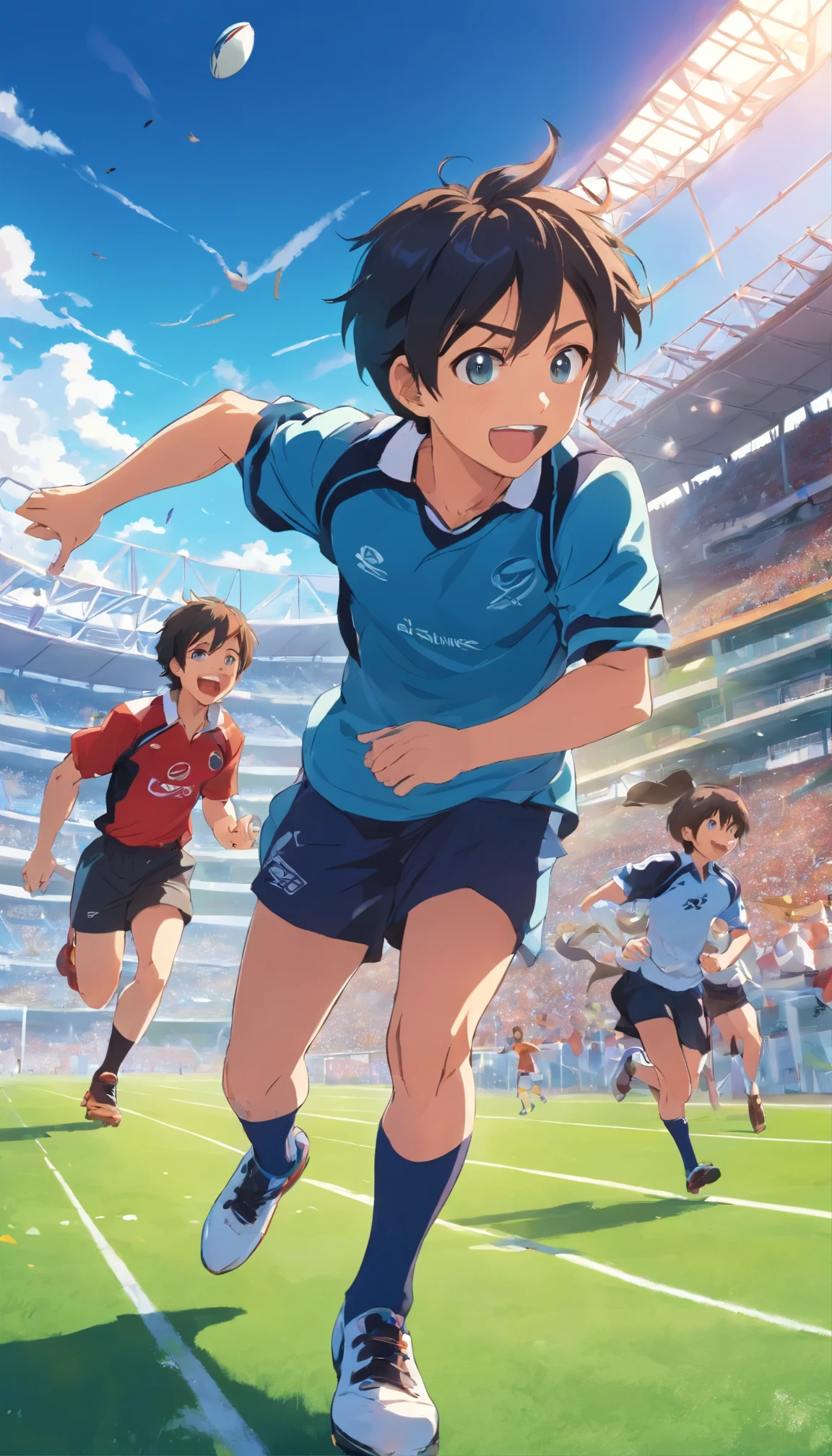 primary school5Grade Boy, Fun eyes, laughter, shine,,detailed face, black hair、(((Rugby)))、(((tag rugby)))、(((rugby)))、boy、Rugbyボールを持って走る、Girls Running、high resolution、4k、blue sky、ground、Make people smaller