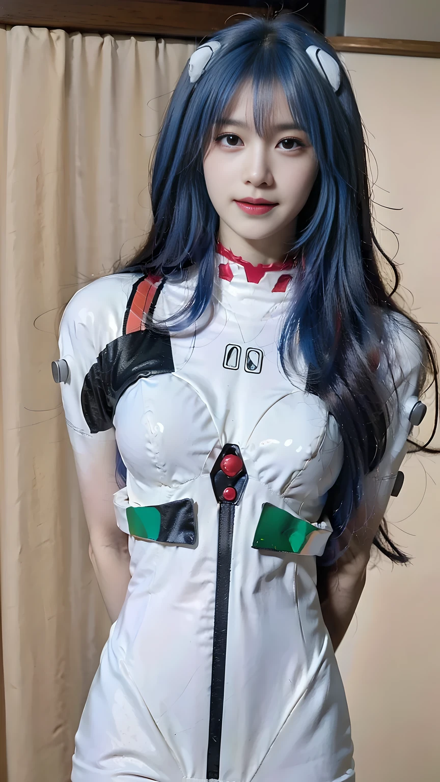 best quality, natural lighting, masterpiece, 1 girl, perfect beautiful face, (photo photo:1.3), edge lighting, photography lighting, (high detail skin:1.2), 8k ultra hd, DSLR, high quality, high resolution, white skin, detailed textured skin, 3/4 body in frame, sexy posing, cute smile face, close-lip, perfect propotion face, symetric face, eye level shot, 4k, 8k, bokeh, absurd, best ratio four fingers and one thumb, (realistic:1.3), beautiful detailed girl, cute 1girl, long hair, bangs, volume hairs, collosal-breast, full looking breast, projecting breast, slim waist, slender, small thighs, perfectly proportion, scenery background, detailed background, trees, clouds, ayanami_cosplay_costume, plugsuit, blue hair, ayanami rei, pilot suit, cosplay, long hair, interface headset, hairpods, gloves, bracer, skin tight, short sleeves, hands behind back, seductive pose