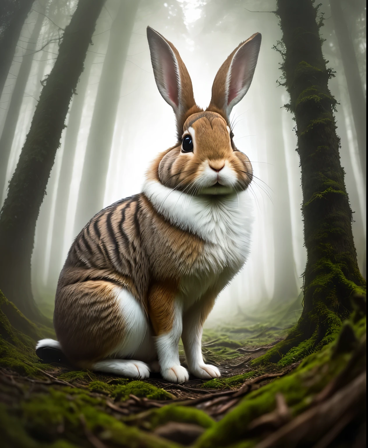Close-up photo of rabbit in magical forest, in the forest, , volumetric fog, Hello, bloom, dramatic atmosphere, center, Rule of thirds, 200mm 1.4f macro photography