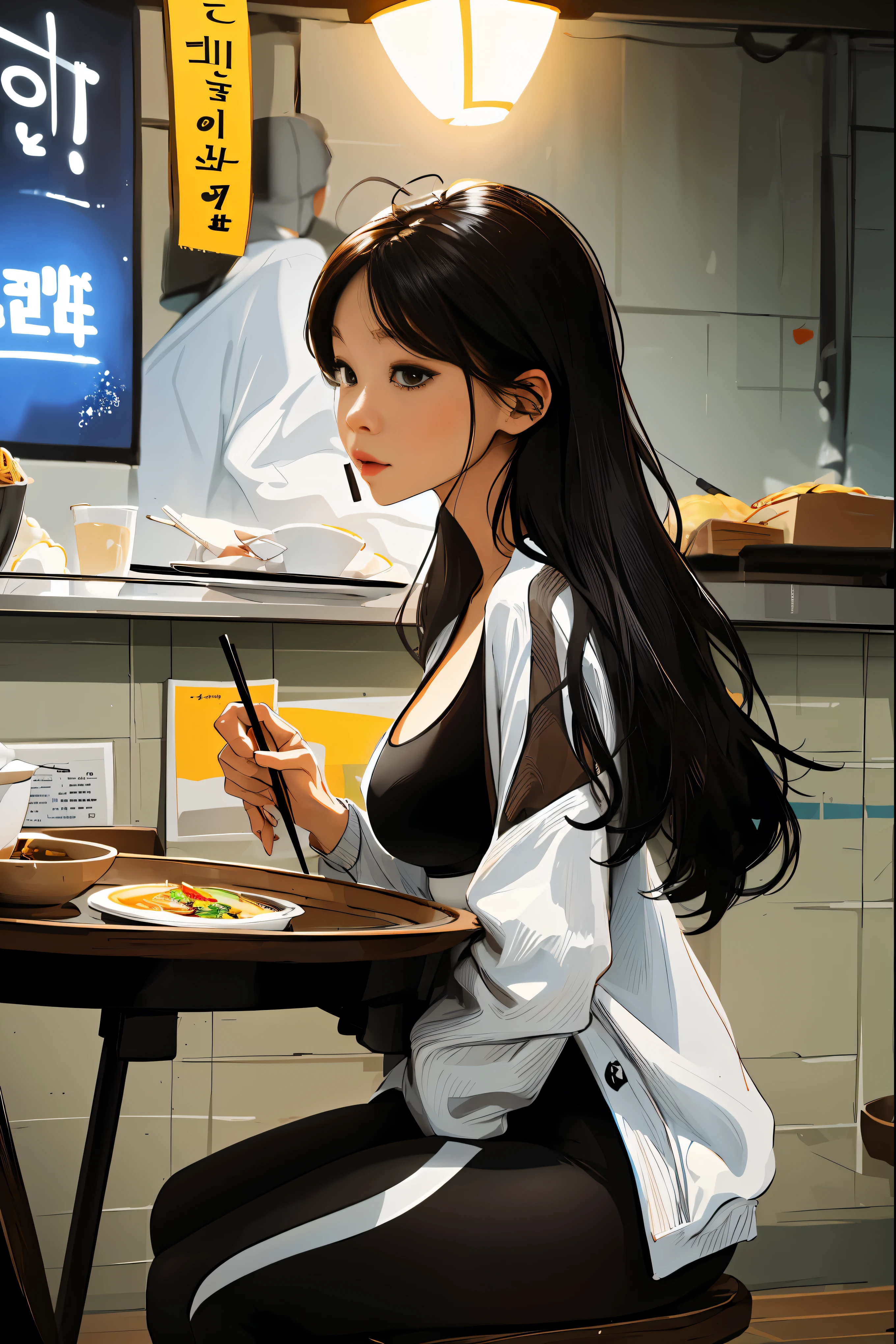 Anime girl eating Korean jambon with chopsticks on table, eating ramen, eating noodles, compliment girl, compliment feel, compliment, compliment artstyle, compliment vibes, compliment portrait, compliment art, anime food, anime atmosphere, compliment vibe, realistic anime 3D style,Korean-style Chinese restaurant ,hangul메뉴판 글씨,hangul,front,Woman wearing tight black leggings and neon white bra top, Two-piece tracksuit, be good at sports ,On the right is the Adidas logo.,vivid colors, soft focus, Light leakage, dreamy atmosphere, experimental charm, Retro charm break color field painting, A variety of colors, abstract expressionism, bold hues, emotional impact, atmospheric depth, Minimalist approach BREAK, Beautiful woman, UHD (ultra detail) viewers who see it.., another, fancy, long, 갈색으로 염색한 머리를 뒤로 하나로 묶은 long 머리 🌈, leggings clothing, White stardust in dark areas, absurd, high resolution, very detailed, (1 woman : ), vivid colors, soft focus, Light leakage, dreamy atmosphere, information