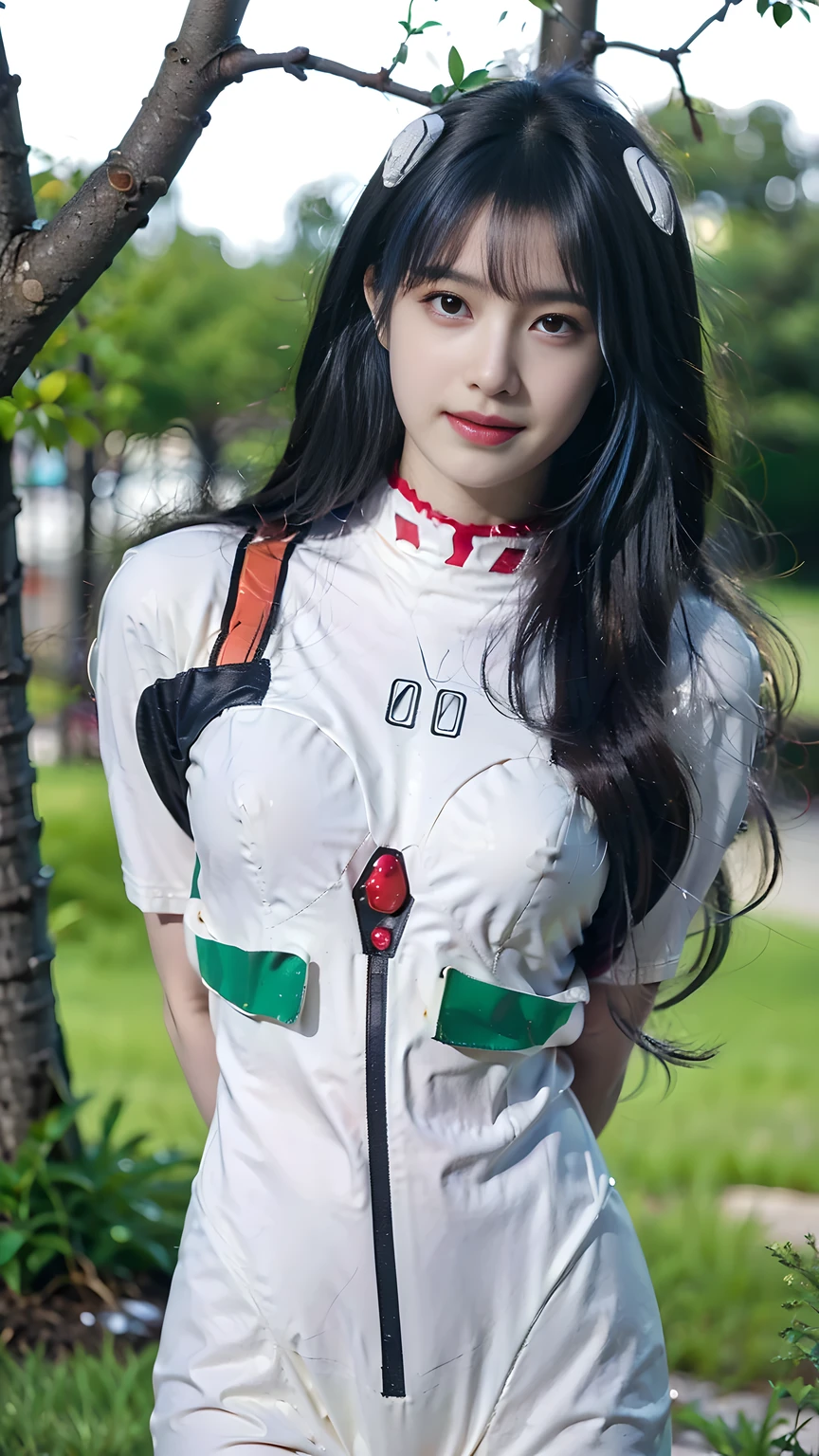 best quality, natural lighting, masterpiece, 1 girl, perfect beautiful face, (photo photo:1.3), edge lighting, photography lighting, (high detail skin:1.2), 8k ultra hd, DSLR, high quality, high resolution, white skin, detailed textured skin, 3/4 body in frame, sexy posing, cute smile face, close-lip, perfect propotion face, symetric face, eye level shot, 4k, 8k, bokeh, absurd, best ratio four fingers and one thumb, (realistic:1.3), beautiful detailed girl, cute 1girl, long hair, bangs, volume hairs, collosal-breast, full looking breast, projecting breast, slim waist, slender, small thighs, perfectly proportion, scenery background, detailed background, trees, clouds, ayanami_cosplay_costume, plugsuit, blue hair, ayanami rei, pilot suit, cosplay, long hair, interface headset, hairpods, gloves, bracer, skin tight, short sleeves, hands behind back, seductive pose