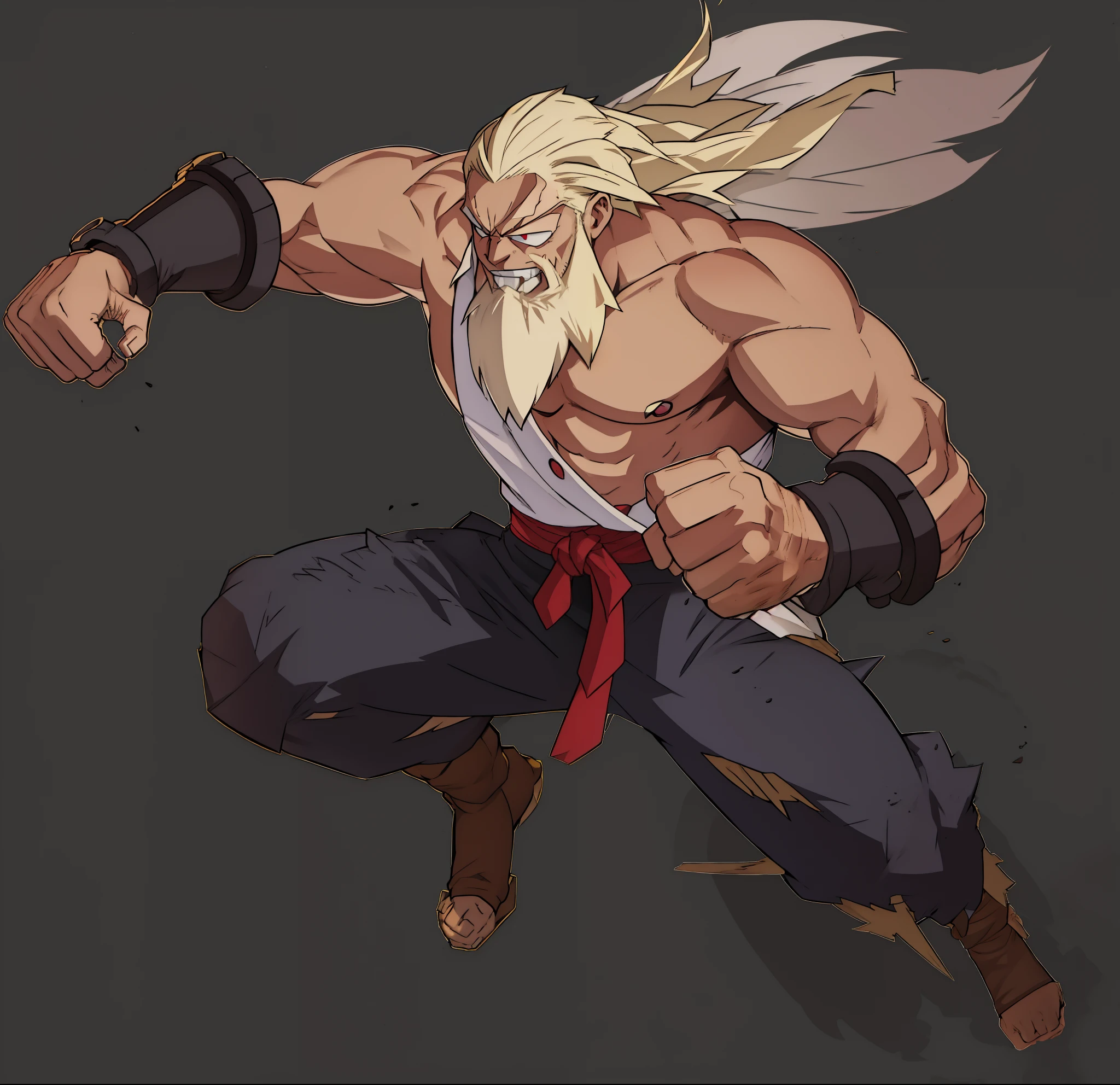 Handsome uncle with long blond hair，blonde，big eyes，long golden beard，Muscles all over the body，Punch your fist，Angry eyes，Red eyes，Tooth grinned，Handsome and domineering，，cold expression，fights，Wearing white top and gray pants