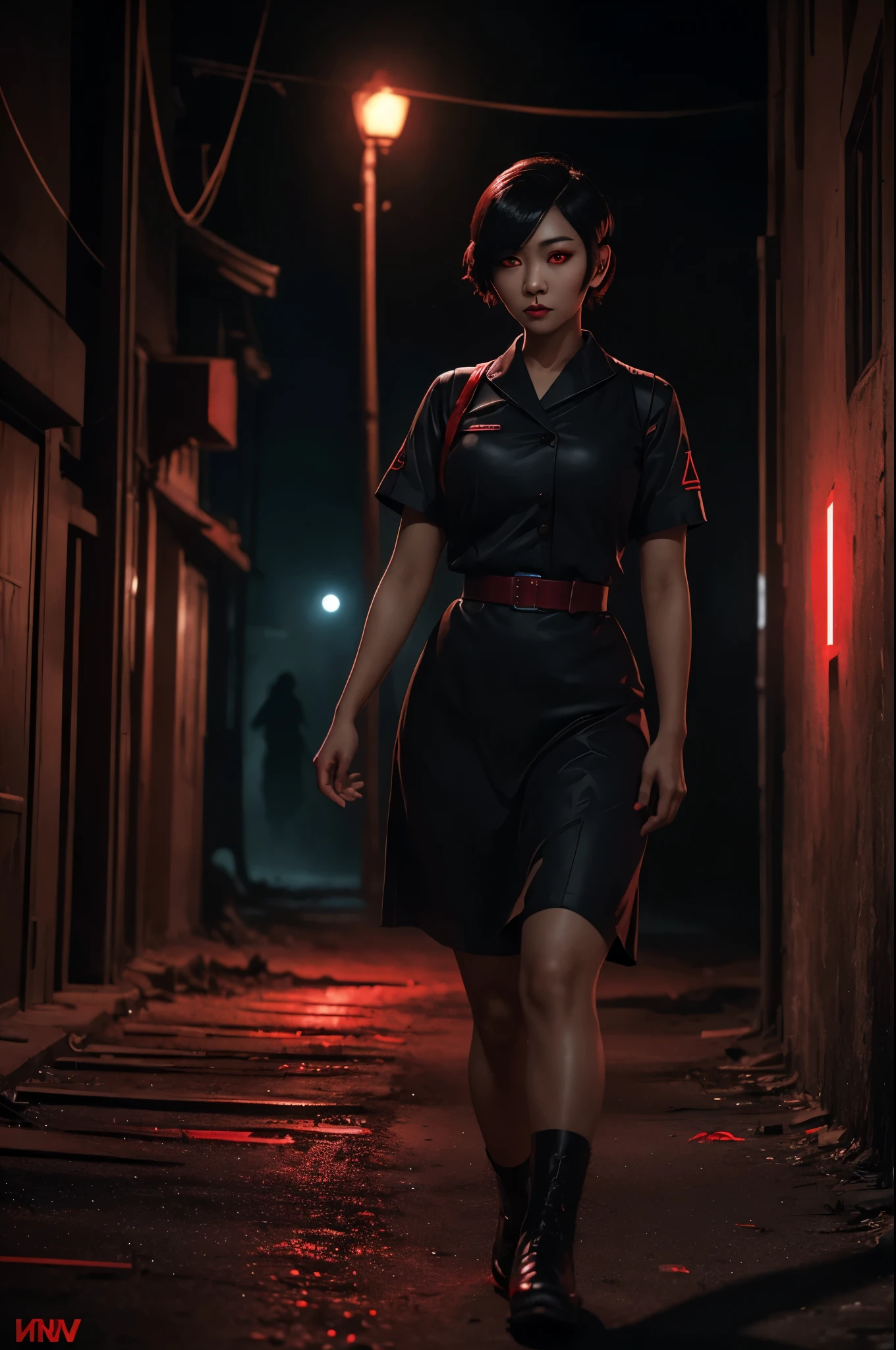 Asian WW2 nurse, ((beautiful face)) (short hair), (makeup), ((full body shot)) runs toward viewer away from ((shadowy monster with glowing red eyes)), ((deserted WW2 European street)) ((spooky night)), dramatic lighting, (depth of field), ((masterpiece)), ((best quality)), ((highly detailed))