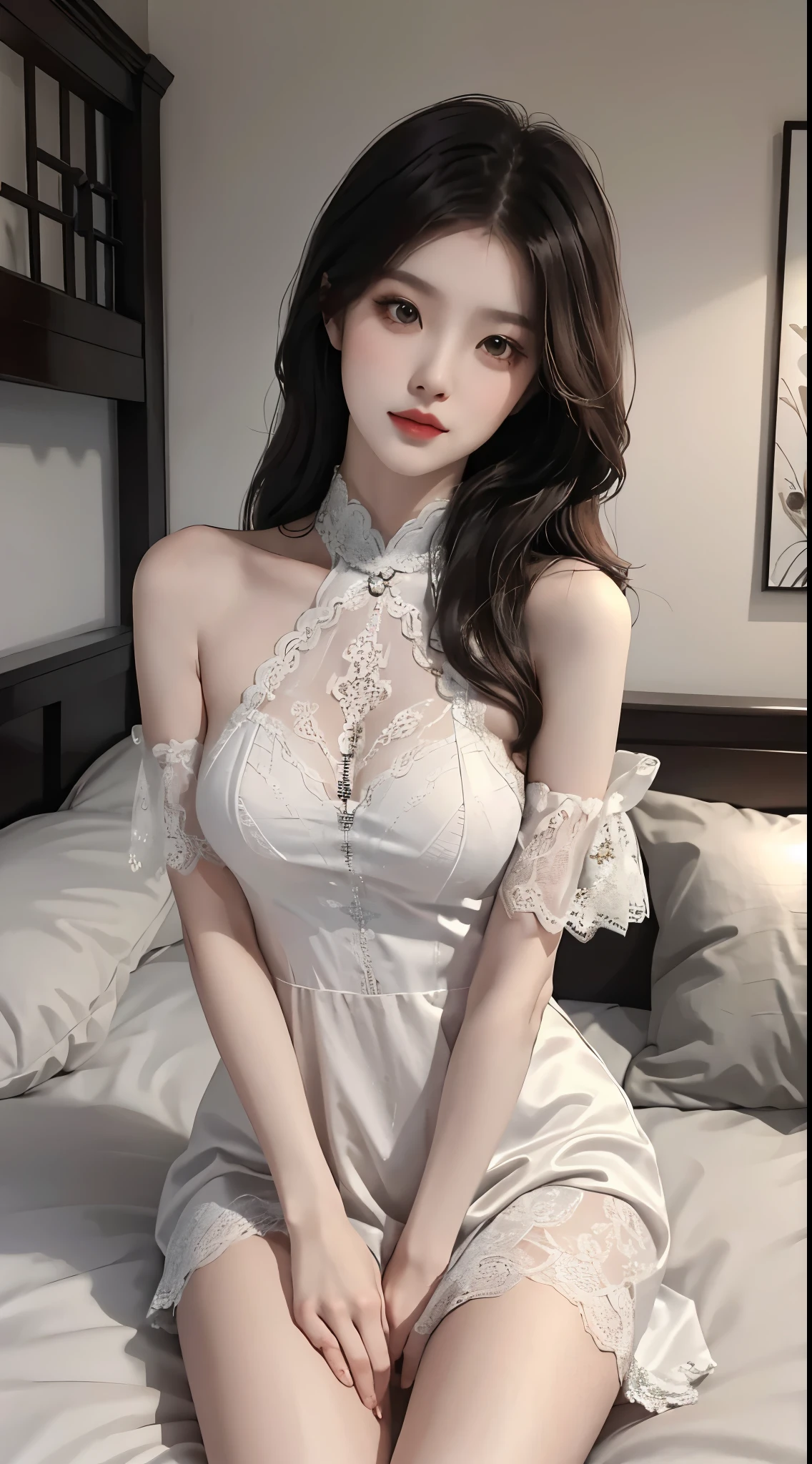 lace dress1, (yushuxin,1girl,solo), White background, 4K, masterpiece, high resolution, ridiculous, bare shoulders, Bare thighs, Kneel on the bed, spread legs , Brown wavy hair, lust, Shy, Shy look, Tempting, sexy pose, Very big , Super detailed face