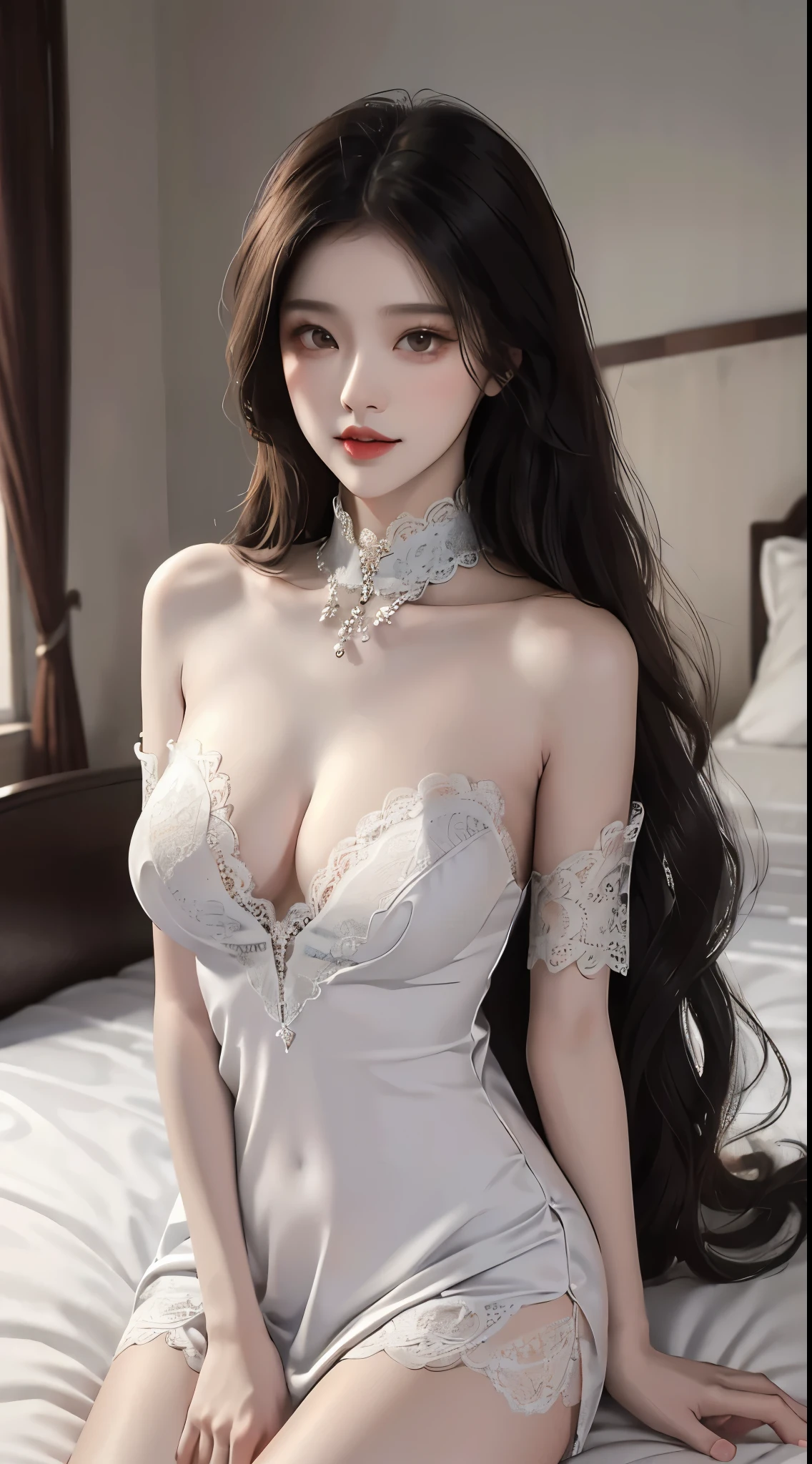 lace dress1, (yushuxin,1girl,solo), White background, 4K, masterpiece, high resolution, ridiculous, bare shoulders, Bare thighs, Kneel on the bed, spread legs , Brown wavy hair, lust, Shy, Shy look, Tempting, sexy pose, Very big , Super detailed face