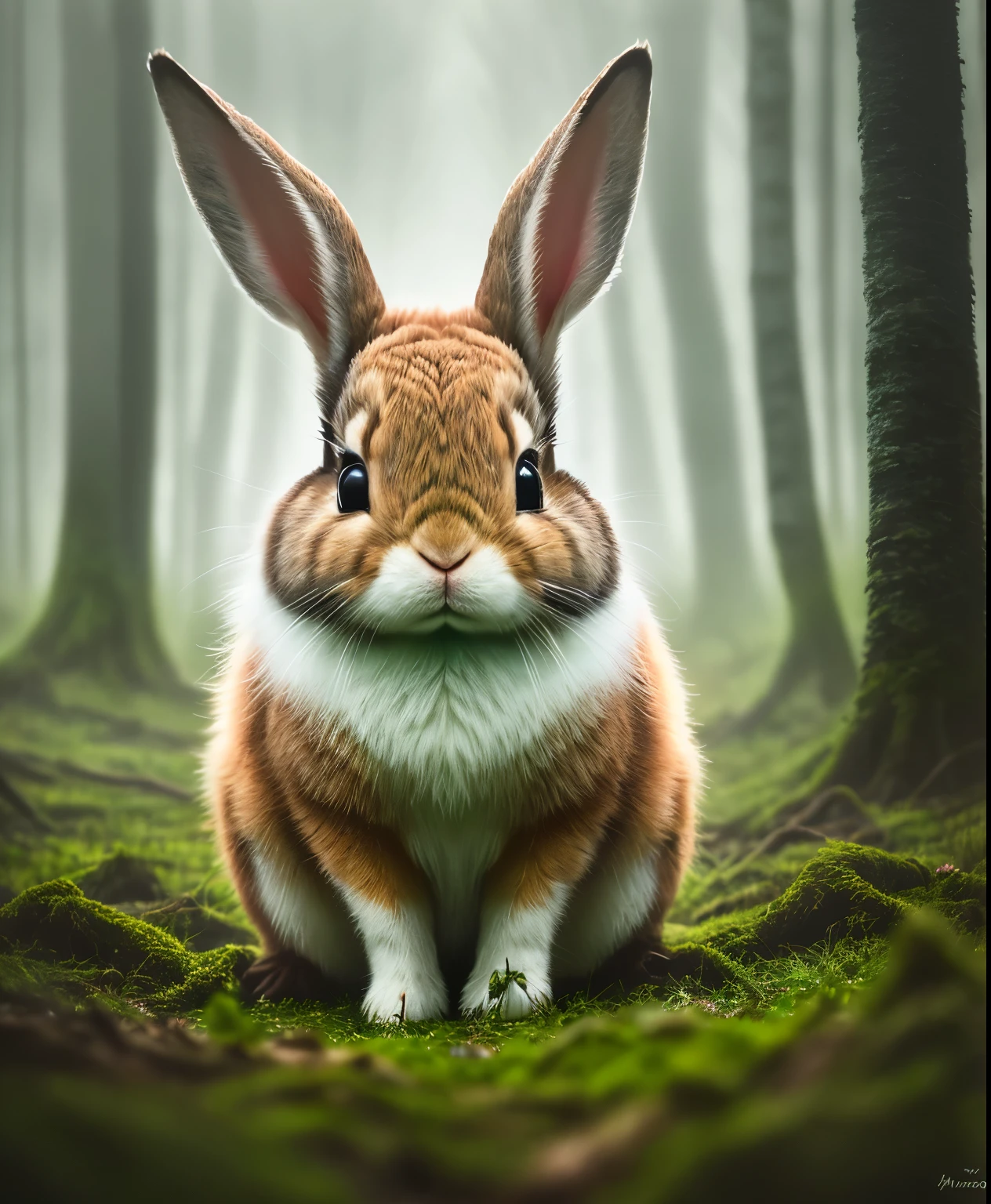 Close-up photo of rabbit in magical forest, in the forest, , volumetric fog, Hello, bloom, dramatic atmosphere, center, Rule of thirds, 200mm 1.4f macro photography