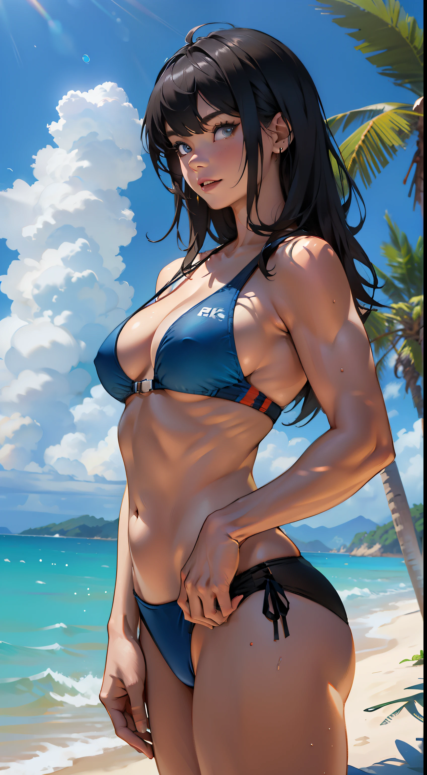 tropical island, beach, palm trees, ocean, beach ball, sand, sky, clouds, sun, sun light, (masterpiece), best quality, 8k, 4k, hd, hires, best quality, masterpiece, ultra-high detailed, hyper-detailed, intricate details, photo-realistic, beautiful details, studio lighting, detailed clothing, highly textured clothing, satin lighting, hyper resolution, insanely detailed, young woman, fit body, nice thighs, swim suit,