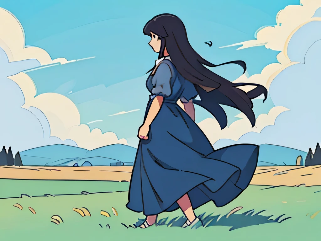 side view illustration of a tall girl wearing a dress standing in a grassy field, wind is blowing her dress