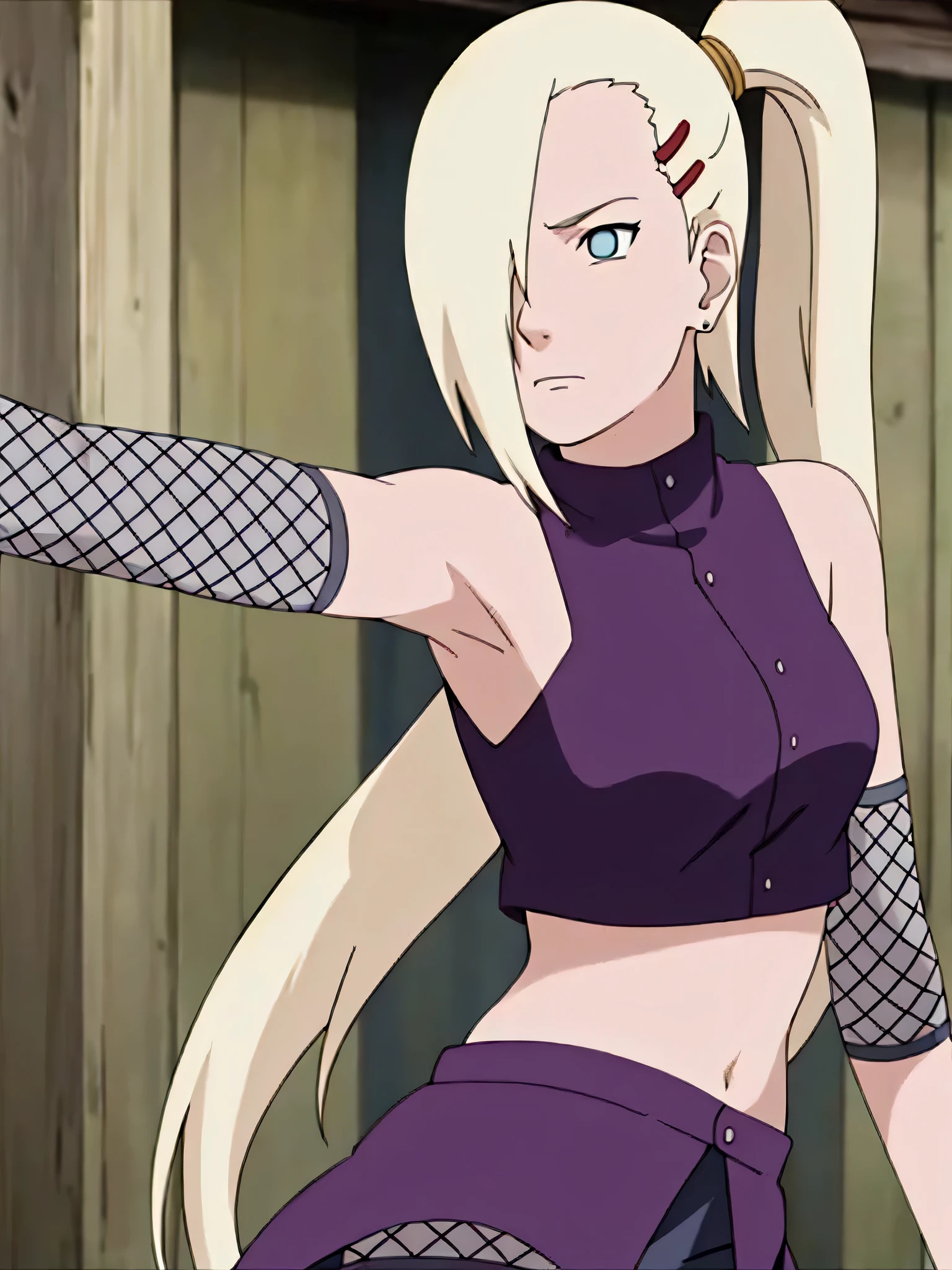 yamanaka ino, hair over one eye, ponytail, hairclip, purple crop top, sleeveless, skirt, fishnets, earrings, midriff, armpits, showing armpits, posing, solo, 1girl, facing front, masterpiece, perfect face, emotionless face