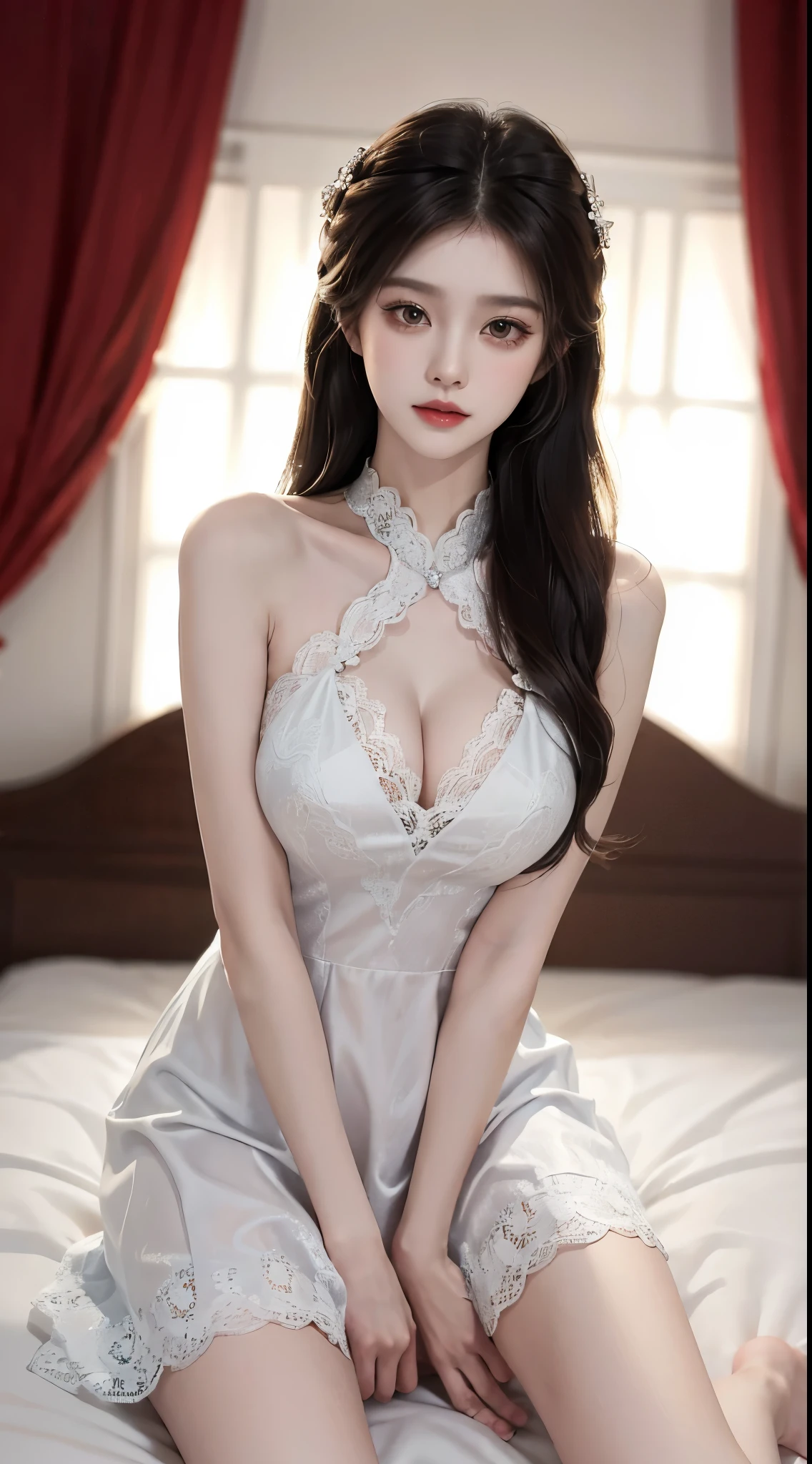 lace dress1, (yushuxin,1girl,solo), White background, 4K, masterpiece, high resolution, ridiculous, bare shoulders, Bare thighs, Kneel on the bed, spread legs , Brown wavy hair, lust, Shy, Shy look, Tempting, sexy pose, Very big , Super detailed face