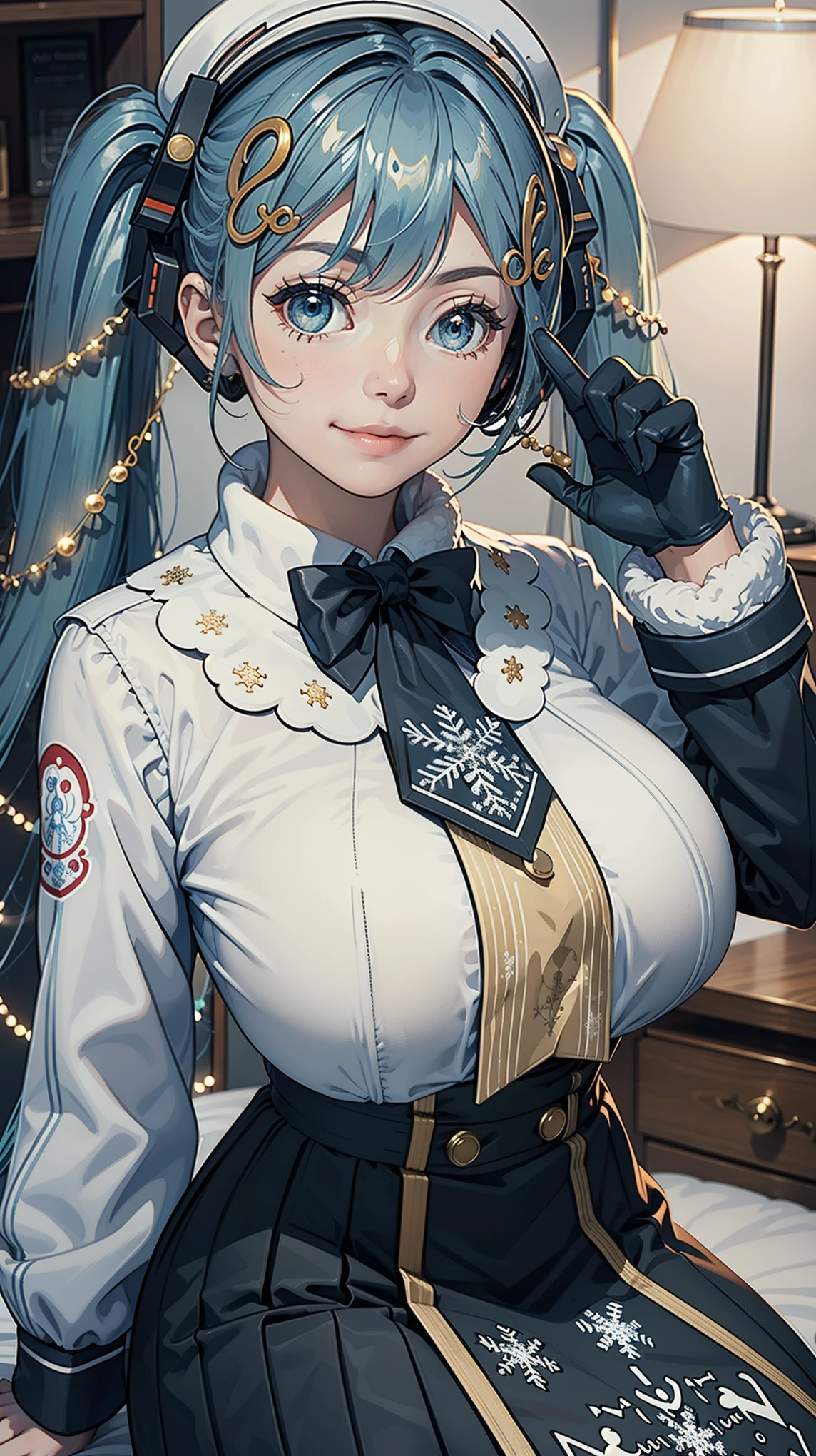 Masterpiece, high quality, 8k, ultra detail, 1 girl, (dynamic poses), ((yukimiku2021)), sitting, bed, ((huge breast)), smile,