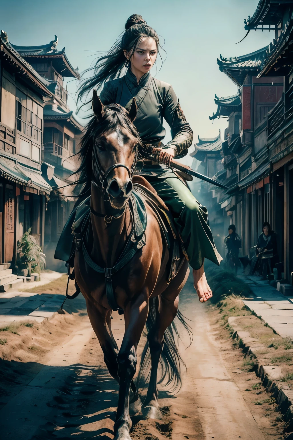 raw photo, portrait of a (emaciated:1.3) woman [ Charlize Theron::.8] ridding a horse, (dark:1.1), , (gloomy:0.0), , (looking_at_viewer:1.2), , ,, (fine wrinkles, pores, veins:.5),, (people ridding horse on street in background:1.3), (woman ridding horse:1.33), (busy street of Han dynasty bungalow city :1.33), (street full of barefoot Han dynasty people (with Han style outfits:1.2):1.32), (hair floating in the wind:1.3), (in the crowd:1.4), (dirt ground, dirt road:1.4), (holding (handle :1.2)of a Chinese ancient great shiny sword and swing with a hand:1.34), , ( wide_angle:1.3), , (Chinese martial arts, Kung Fu, Han dynasty:1.4), ((black long straight hair :1.2),  barefoot, no_makeup, gritty:1.33), (from_side:0.5), (woman wearing (deep-green:1.2)Han style outfits with black collar, Complex clothing details:1.3), long slim legs ,(daytime:1.3),
, highly detailed, masterpiece, best quality, 8k, (realistic skin, cell-shaded:1.3), sharp_focus, (SFW), (high detailed skin:1.2), 8k uhd, dslr, (soft lighting:1.0), high quality, film grain, Fujifilm XT3,