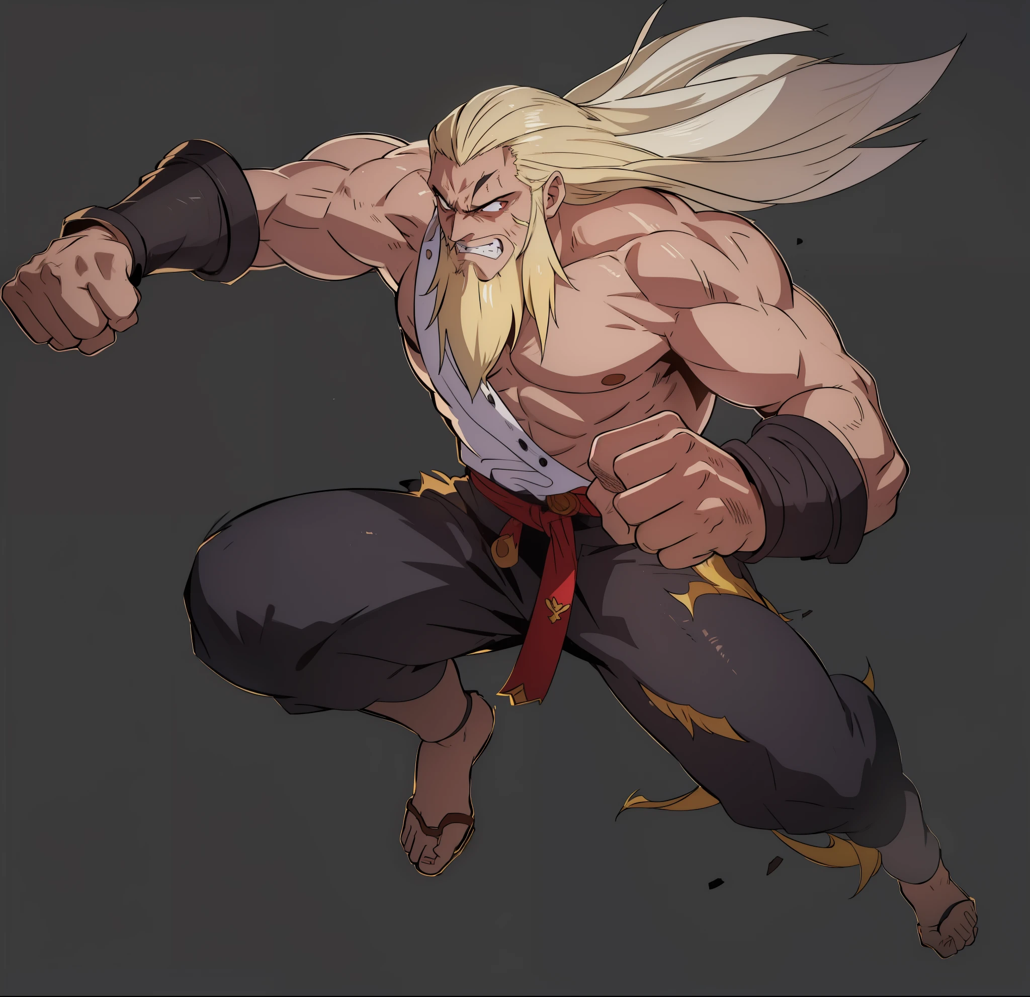 Handsome uncle with long blond hair，Golden eyebrows，blonde，long golden beard，Muscles all over the body，Punch your fist，Angry eyes，Red eyes，Tooth grinned，Handsome and domineering，，cold expression，fights，Wearing white top and gray pants