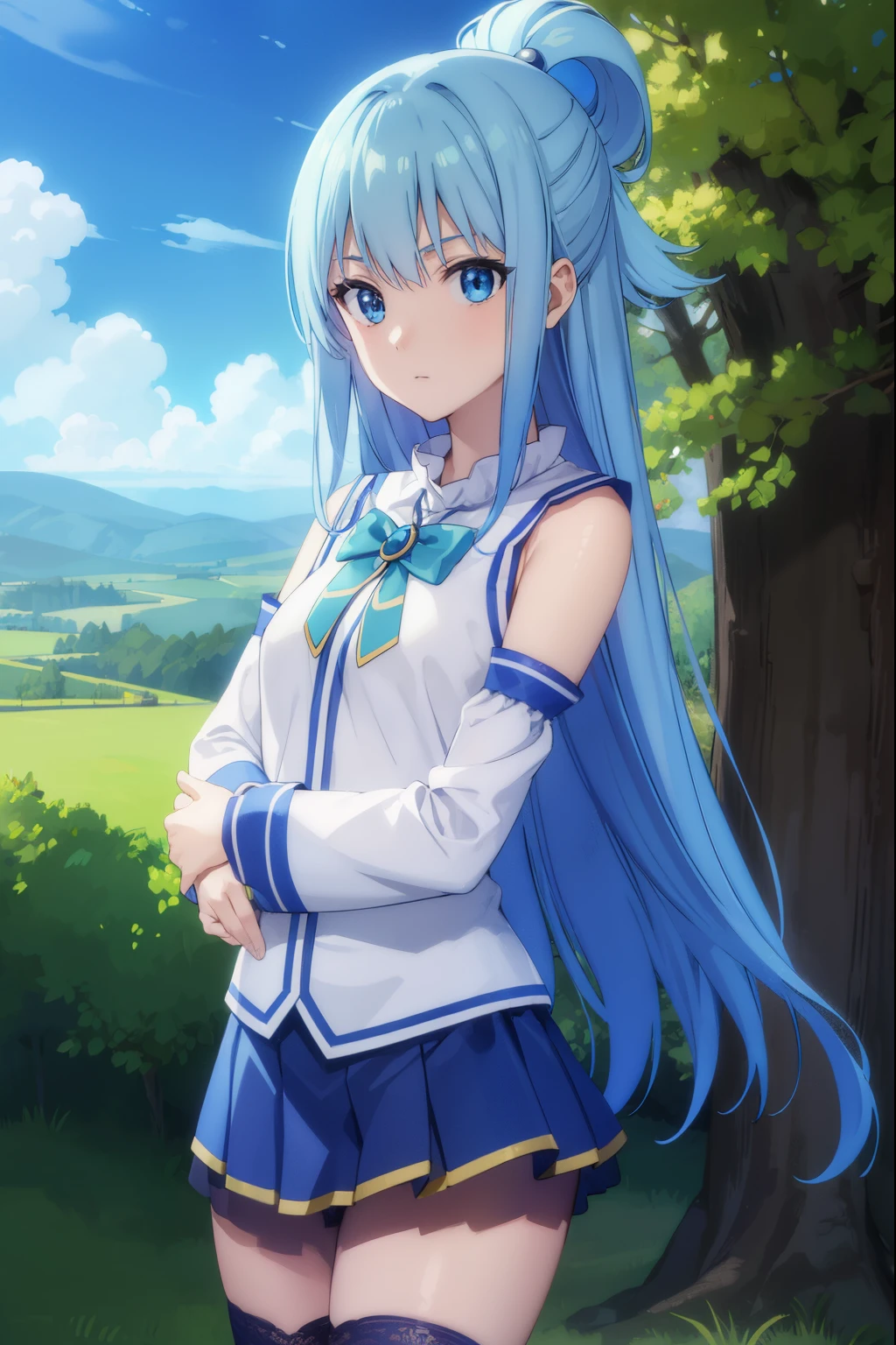 konosubaaqua, aqua, long hair, blue eyes, hair ornament, very long hair, blue hair, hair rings, single hair ring, hair bobbles,
BREAK skirt, shirt, thighhighs, bare shoulders, detached sleeves, white thighhighs, blue skirt, blue shirt, green bow,
BREAK outdoor, forest, nature, trees, village, sky, sun, clouds,
BREAK looking at viewer, (cowboy shot:1.5),
BREAK (masterpiece:1.2), best quality, high resolution, unity 8k wallpaper, (illustration:0.8), (beautiful detailed eyes:1.6), extremely detailed face, perfect lighting, extremely detailed CG, (perfect hands, perfect anatomy),