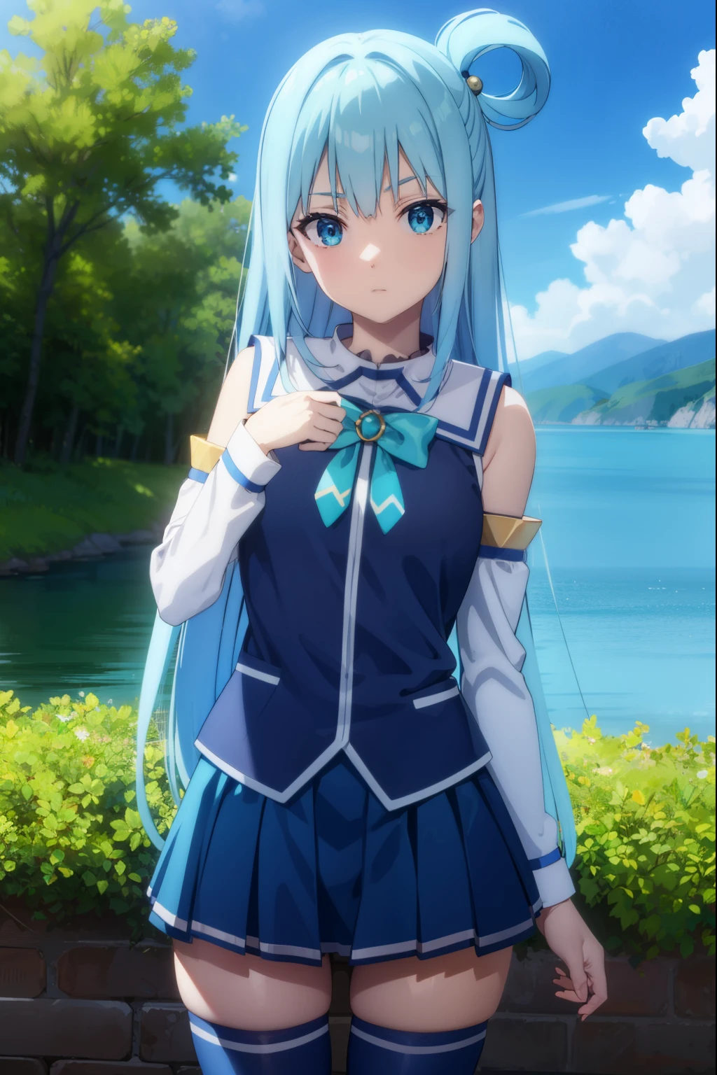 konosubaaqua, aqua, long hair, blue eyes, hair ornament, very long hair, blue hair, hair rings, single hair ring, hair bobbles,
BREAK skirt, shirt, thighhighs, bare shoulders, detached sleeves, white thighhighs, blue skirt, blue shirt, green bow,
BREAK outdoor, forest, nature, trees, village, sky, sun, clouds,
BREAK looking at viewer, (cowboy shot:1.5),
BREAK (masterpiece:1.2), best quality, high resolution, unity 8k wallpaper, (illustration:0.8), (beautiful detailed eyes:1.6), extremely detailed face, perfect lighting, extremely detailed CG, (perfect hands, perfect anatomy),