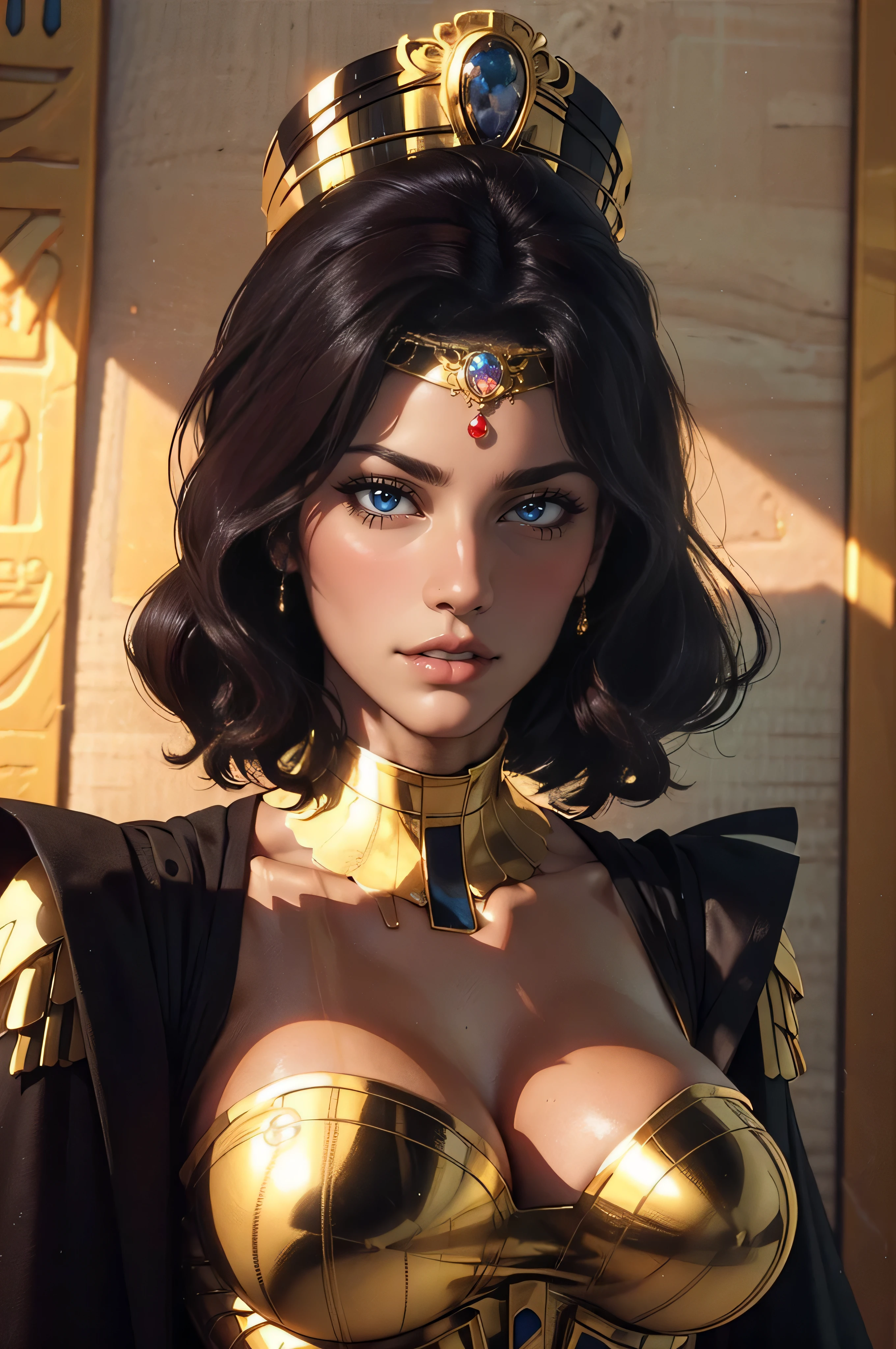 A girl with striking features, including beautiful detailed eyes and lips, wearing elegant clothes, positioned against an intricate and regal Egyptian backdrop. She exudes confidence and grace, with a seductive yet powerful gaze. The artwork is created using a combination of traditional oil painting techniques and 3D rendering, resulting in a mesmerizing fusion of styles. The colors are vibrant and vivid, highlighting the opulence of ancient Egypt. The lighting is carefully crafted to enhance the drama and allure of the scene. The image quality is of the highest standard, with ultra-detailed textures and realistic rendering. It is a masterpiece that captures the majestic beauty of Cleopatra, transporting viewers back in time to the glorious era of the pharaohs.