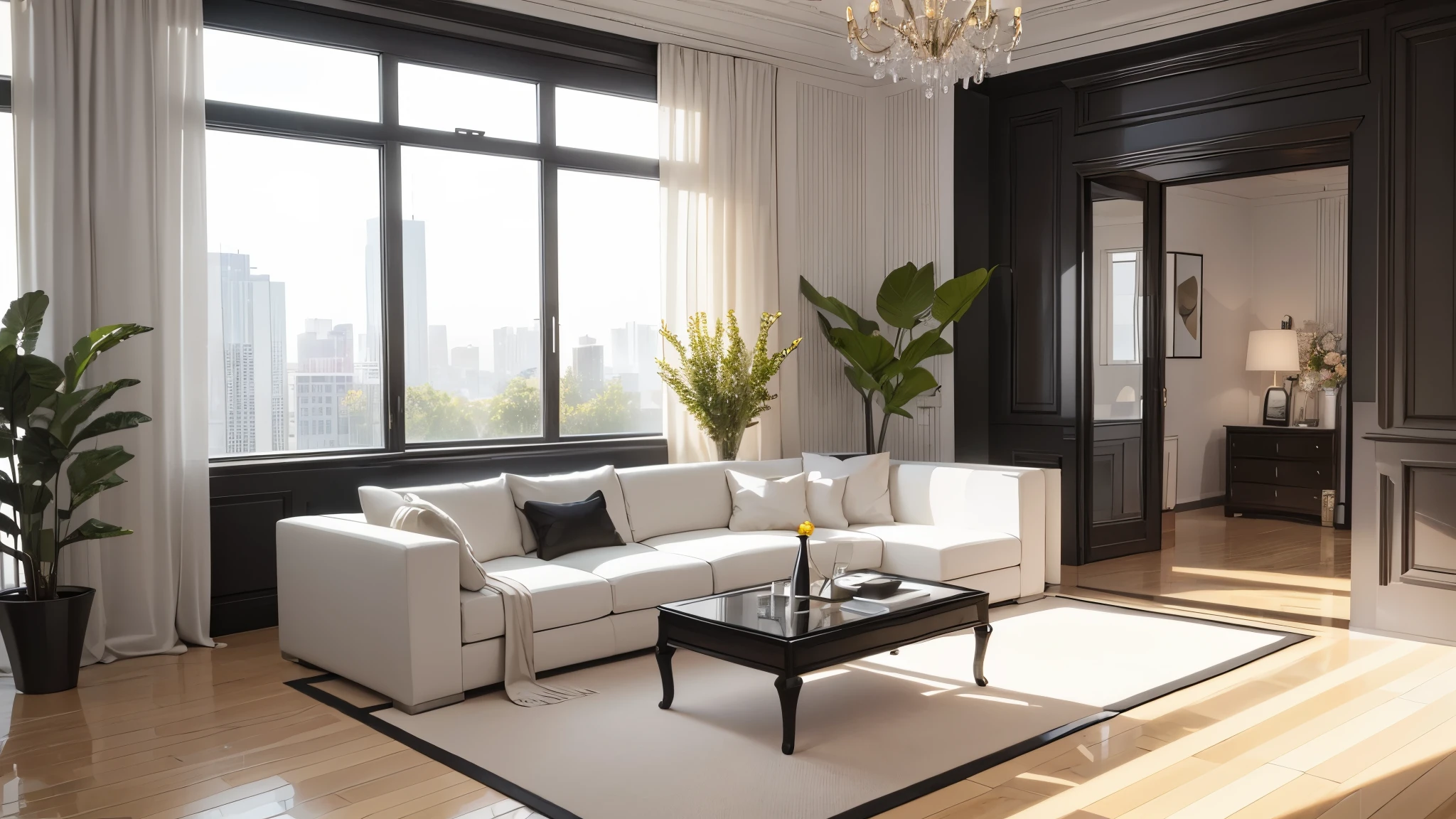You are a famous interior designer、You have been asked to create a 3D image of a modern large room. Create a harmonious environment with modern and minimalist furniture. Including garden interior.