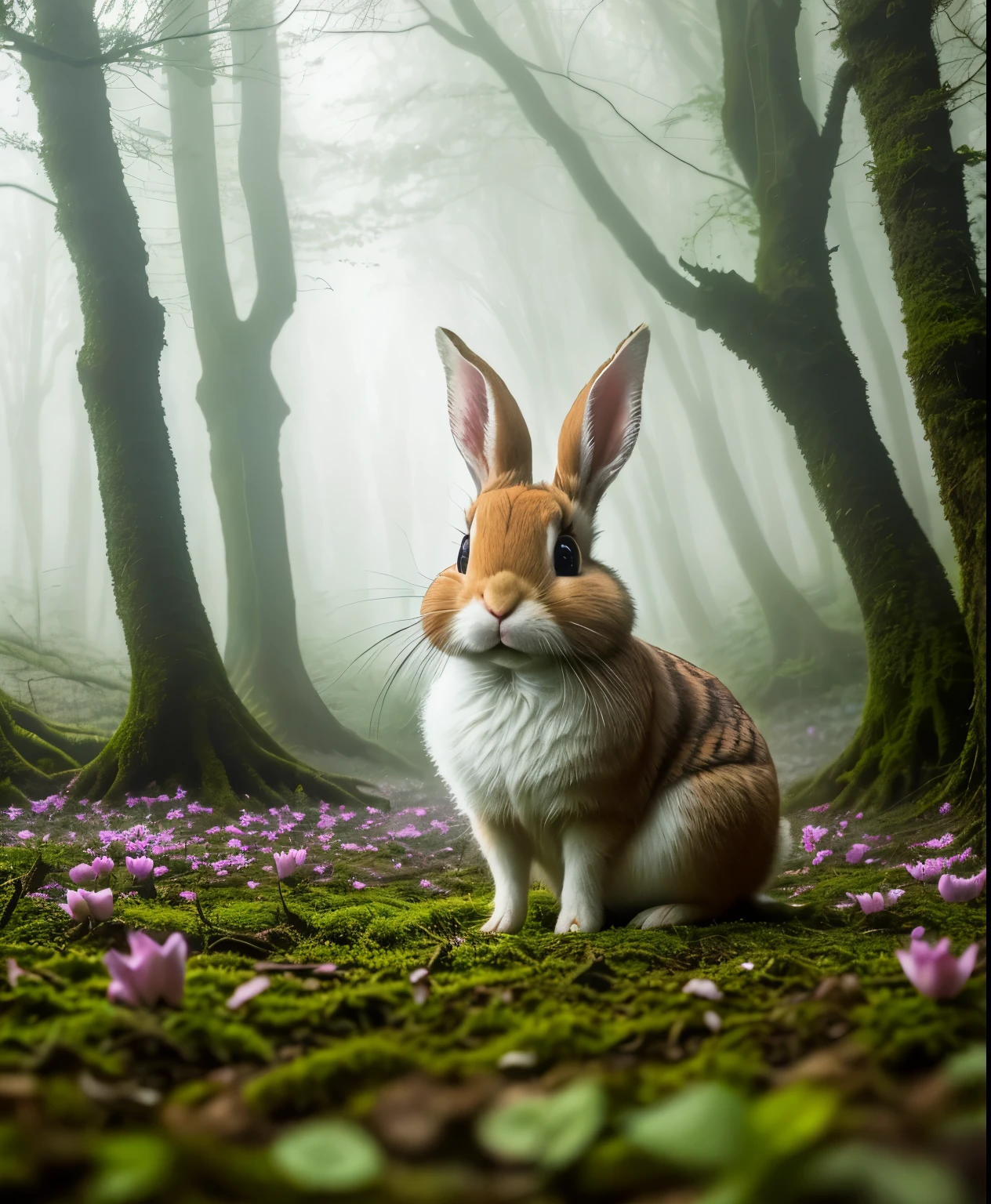 Close-up photo of rabbit in magical forest,  in the forest,  , volumetric fog, Hello, bloom, dramatic atmosphere, center, Rule of thirds, 200mm 1.4f macro photography