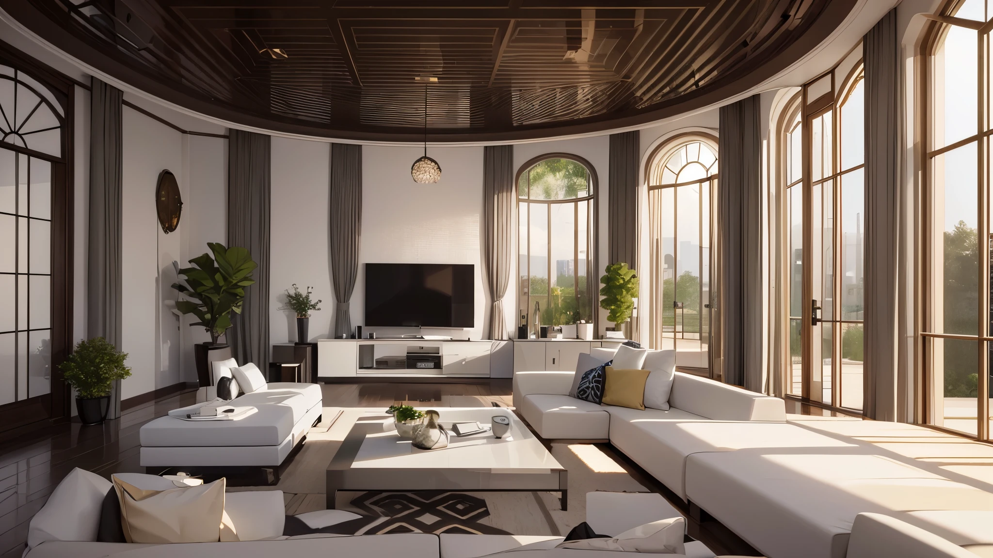 You are a famous interior designer、You have been asked to create a 3D image of a modern large room. Create a harmonious environment with modern and minimalist furniture. Including garden interior.