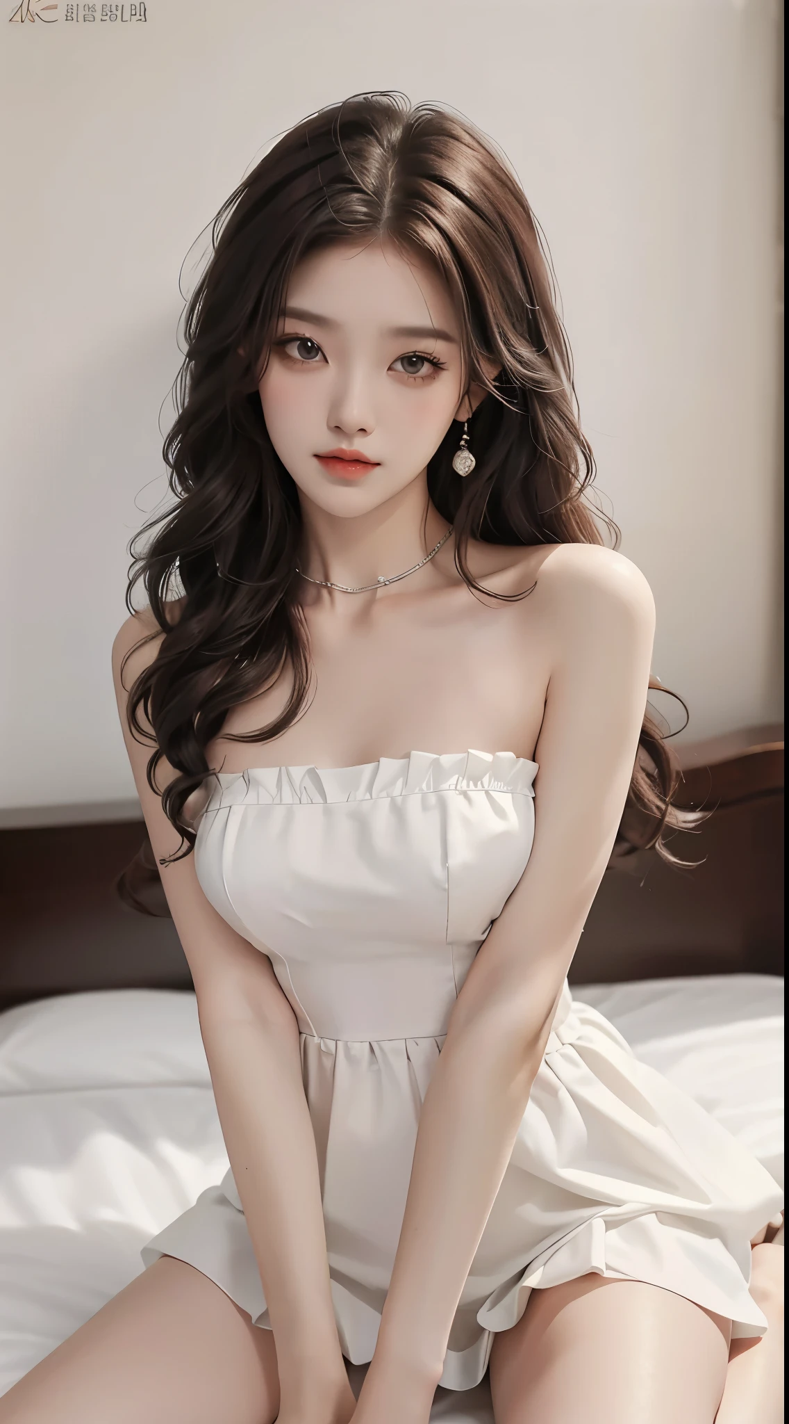 Sweet girl clothes4,strapless dress,jewelry, (yushuxin,1girl,solo), White background, 4K, masterpiece, high resolution, ridiculous, bare shoulders, Bare thighs, Kneel on the bed, spread legs , Brown wavy hair, lust, Shy, Shy look, Tempting, sexy pose, Very big , Super detailed face