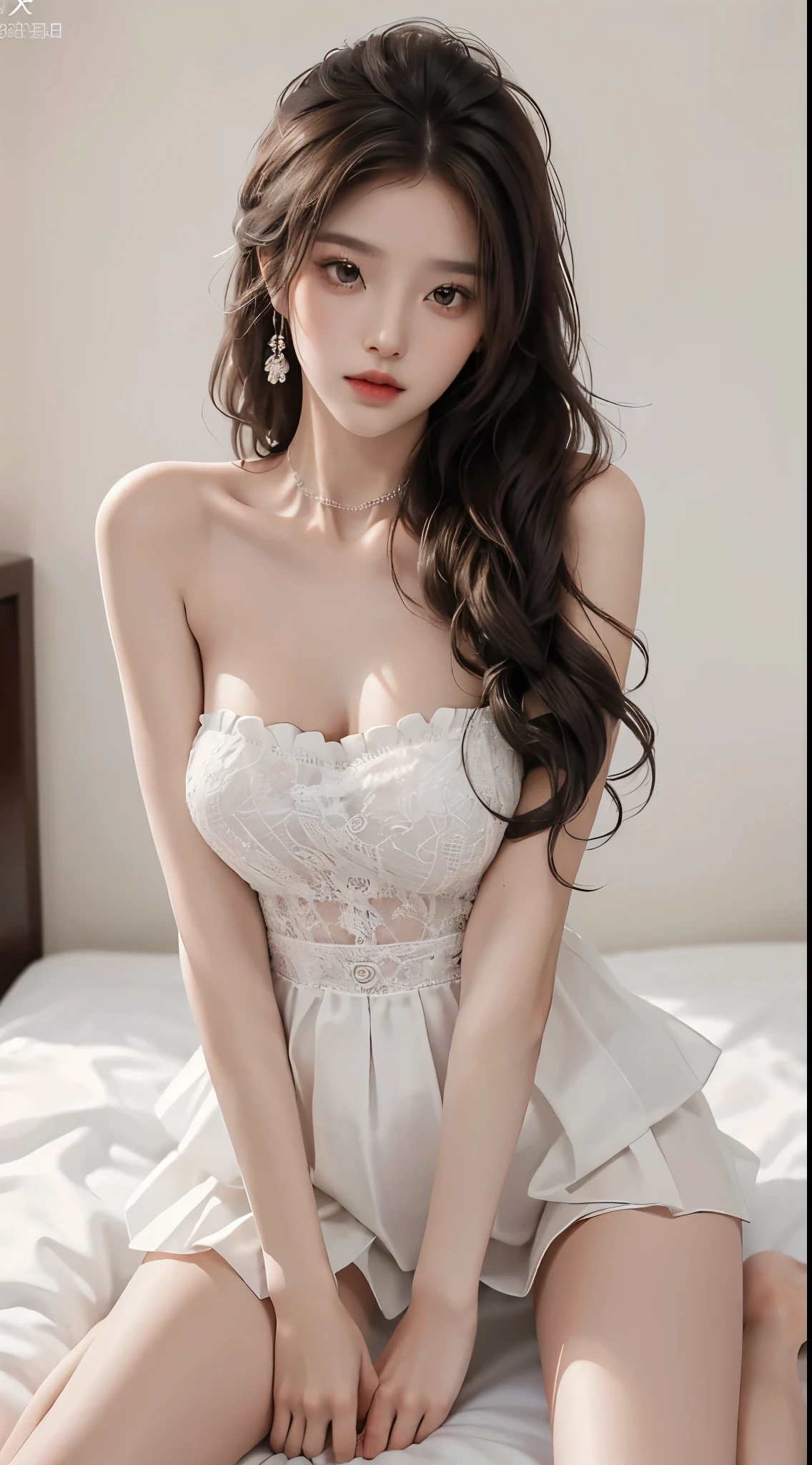 Sweet girl clothes4,strapless dress,jewelry, (yushuxin,1girl,solo), White background, 4K, masterpiece, high resolution, ridiculous, bare shoulders, Bare thighs, Kneel on the bed, spread legs , Brown wavy hair, lust, Shy, Shy look, Tempting, sexy pose, Very big , Super detailed face