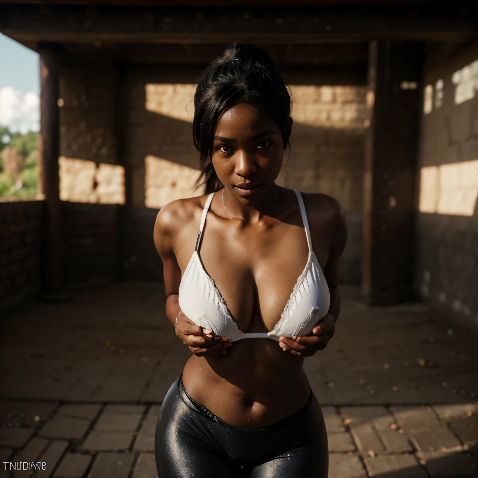 1个Giant Breast,black American Girl，thick,bigg butt, beautidful eyes，ebony faced，The lips are slightly open，Full, symmetrical breasts，Convex buttocks，Skinny sports shirt，black skinny yoga pants，Camel toes，The lines between the thighs are detailed，White sneakers，black color hair，High ponytail，obi strip，Tattooed with，running track，parks,lakes，Close-up of chest，Buttocks close up， HDR（HighDynamicRange）， Ray traching， NVIDIA RTX， Hyper-Resolution， Unreal 5， sub surface scattering， PBR textures， Post-processing， Anisotropic filtering， depth of fields ，Maximum clarity and sharpness， Many-Layer Textures， Albedo e mapas Speculares， Surface Coloring， Accurate simulation of light-material interactions， rendering by octane， twotonelighting， Low ISO， White balance， trichotomy， largeaperture， 8K RAW， High-Efficiency Sub-Pixel， sub-pixel convolution， （Luminous Particle：1.4）， {{tmasterpiece， best qualtiy， extremaly detailed cg， Unity 8k壁纸， 3D， cinmatic lighting， lens flare glow}},Ugandan 