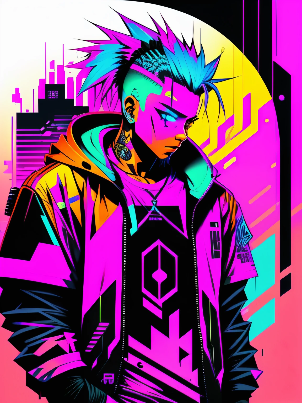 cyberpunk asthetic, graffiti inspired, neon colors, neo tokyo, futuristic, vector art, t-shirt design