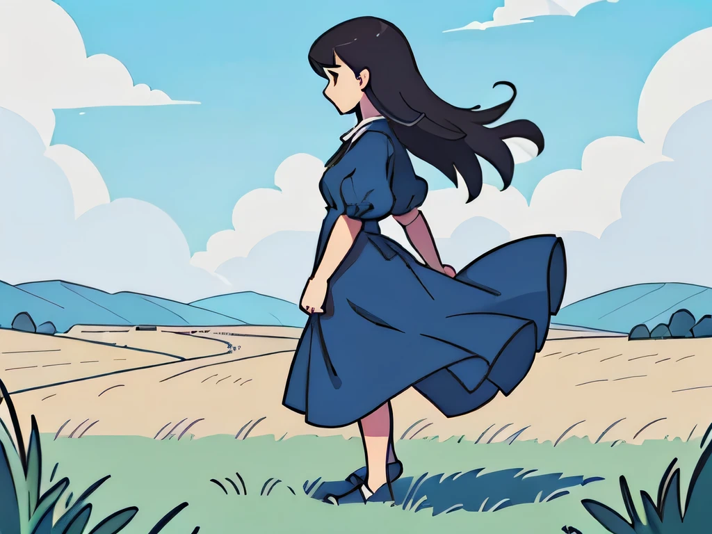 side view illustration of a tall girl wearing a dress standing in a grassy field, wind is blowing her dress