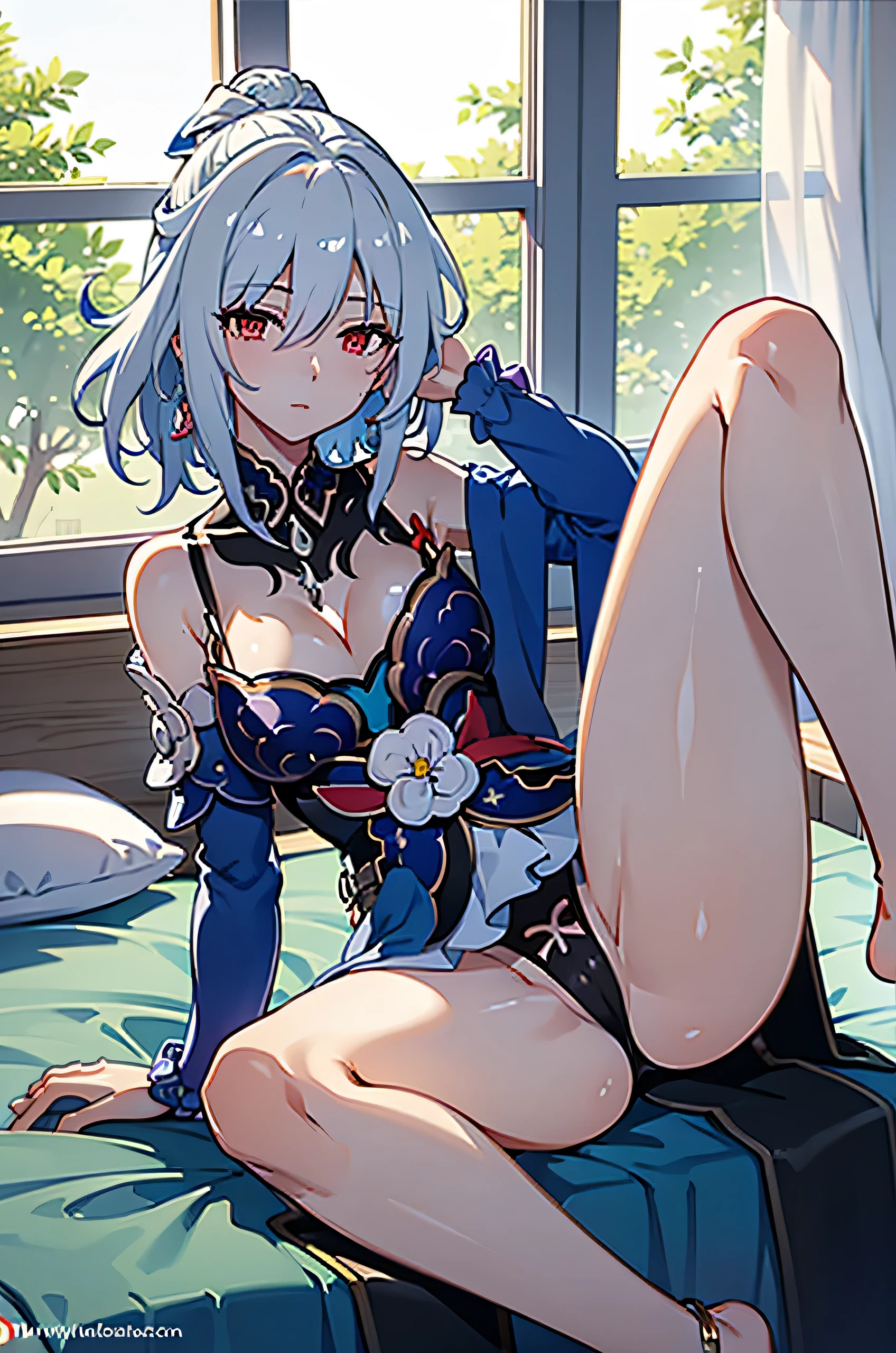 girl, solo, (masterpiece, best quality:1.4), extremely detailed face, perfect lighting, , red eyes, hair between eyes, ponytail, jewelry, dress, cleavage, bracelet, sitting, barefoot, bare thighs, white see through panties, legs spread open exposing panties, laying on japanese style bed, japanese inspired home with a window that lets u see outside, black bed sheets, white fluffy pillows on the bed