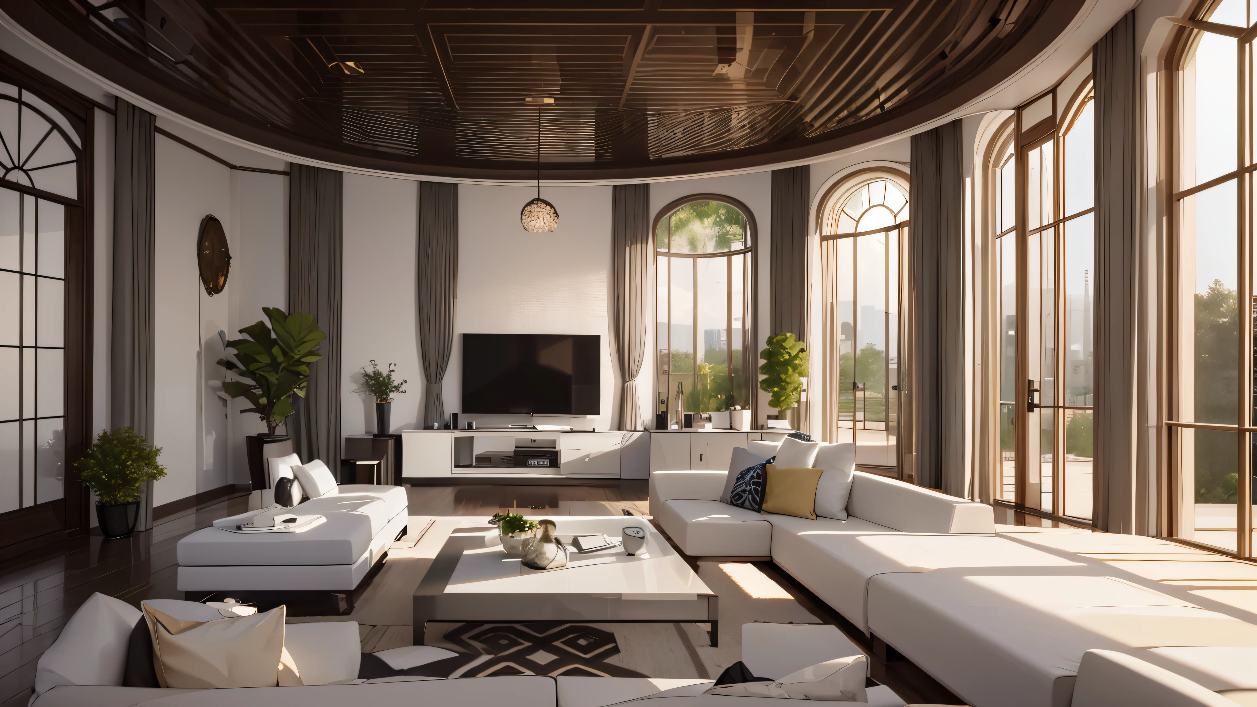 You are a famous interior designer、You have been asked to create a 3D image of a modern large room. Create a harmonious environment with modern and minimalist furniture. Including garden interior.