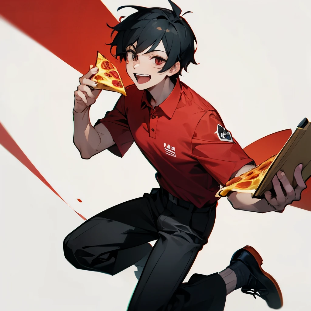 Man with black hair, wearing a pizza delivery uniform with short sleeve red polo shirt, black pants and black shoes, somehow pale, slim, little muscular, holding a pizza box with a happy expression yet creepy, anime, high quality