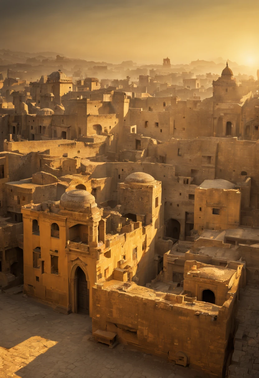 Capture the timeless beauty of an ancient city at sunset. Highlight the (golden:1.2) hues of the fading sun, casting long shadows on (weathered:1.3) stone buildings. Include (intricate:1.1) architectural details and a sense of (mystique:1.2) in the scene. Inspired by the works of (Steve McCurry:1.4) and (Gustave Le Gray:1.3).