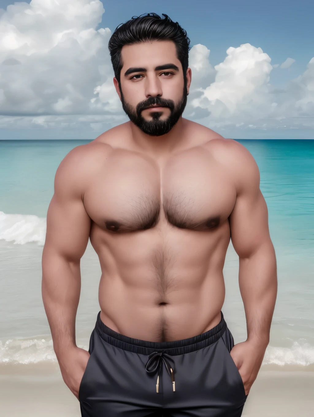 foto de un impresionante y guapo hombre mexicano de 38, Brown eyes, Cabello negro corto desordenado y ventoso, volteando el cabello, primer plano ampliado en retrato de recorte apretado, caminando por un (Paradisiacal beach scene:1.2) Vistiendo un (pantalones de lino sin camisa:1.3) (Zapatillas de playa en su mano:1.3) (Lighting-gold:1.2) detalles de fondo de objetos de primer plano (obra maestra:1.2) (fotorrealista:1.2) (bokeh:1.2) (Mejor calidad) (Escala de colores) (piel detallada:1.3) (intrincado) (8k) (HDR) (cinematic lighting:1.3) (Sharp focus), cabello desordenado y ventoso