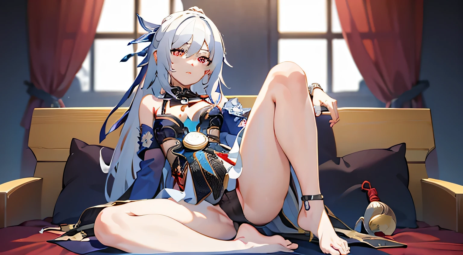 1girl, solo, (masterpiece, best quality:1.4), extremely detailed face, perfect lighting, , red eyes, hair between eyes, ponytail, jewelry, dress, cleavage, bracelet, sitting, barefoot, bare thighs, white see through panties, spreading legs, legs spread open exposing panties, beautiful japanese home background, laying on a japanese inspired bed