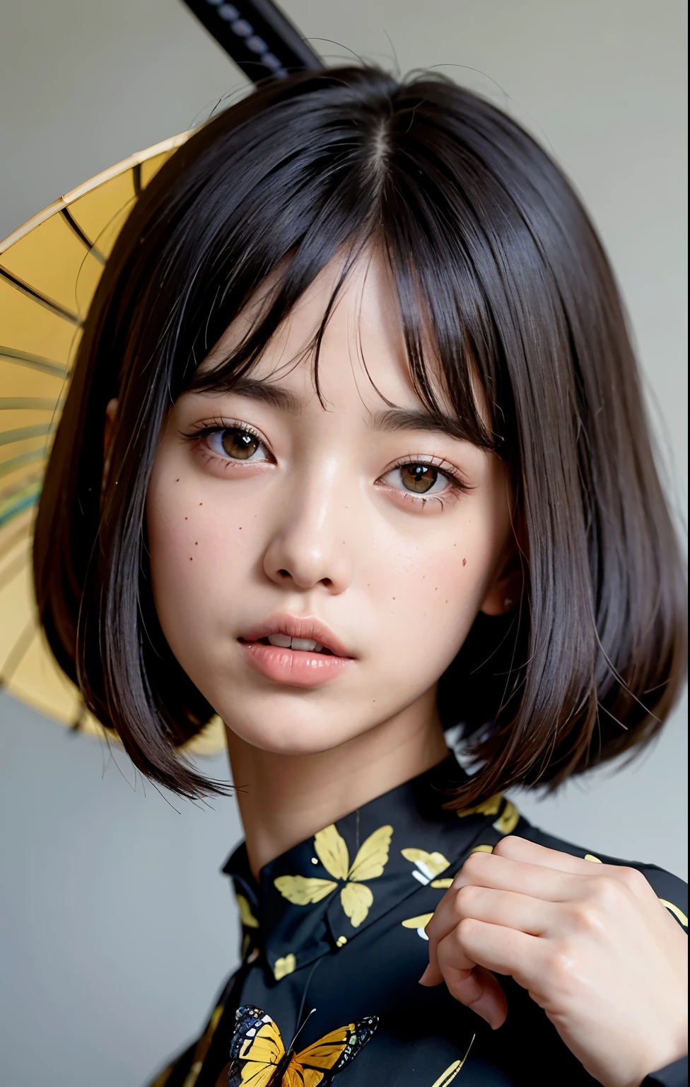 There is a girl in a butterfly print dress and a blue umbrella, Con pelo corto, peinado de corte hime blanco, pelo cortado hime negro, el corte de hime, flequillo esponjoso, Con pelo corto con flequillo, neat hair con flequillo, chiho, sui ishida con cabello negro, con flequillo, con flequillo completo, peinado de dos colas, she has black hair con flequillo