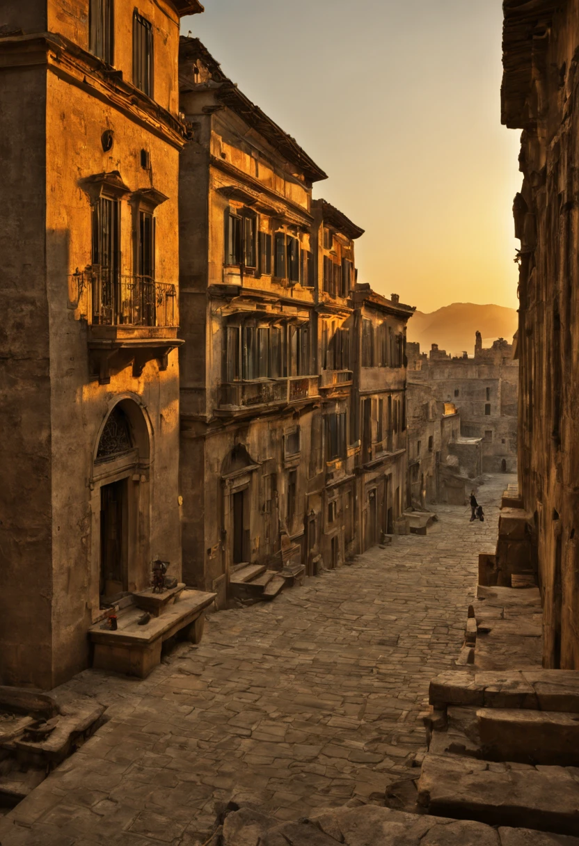 Capture the timeless beauty of an ancient city at sunset. Highlight the (golden:1.2) hues of the fading sun, casting long shadows on (weathered:1.3) stone buildings. Include (intricate:1.1) architectural details and a sense of (mystique:1.2) in the scene. Inspired by the works of (Steve McCurry:1.4) and (Gustave Le Gray:1.3).
